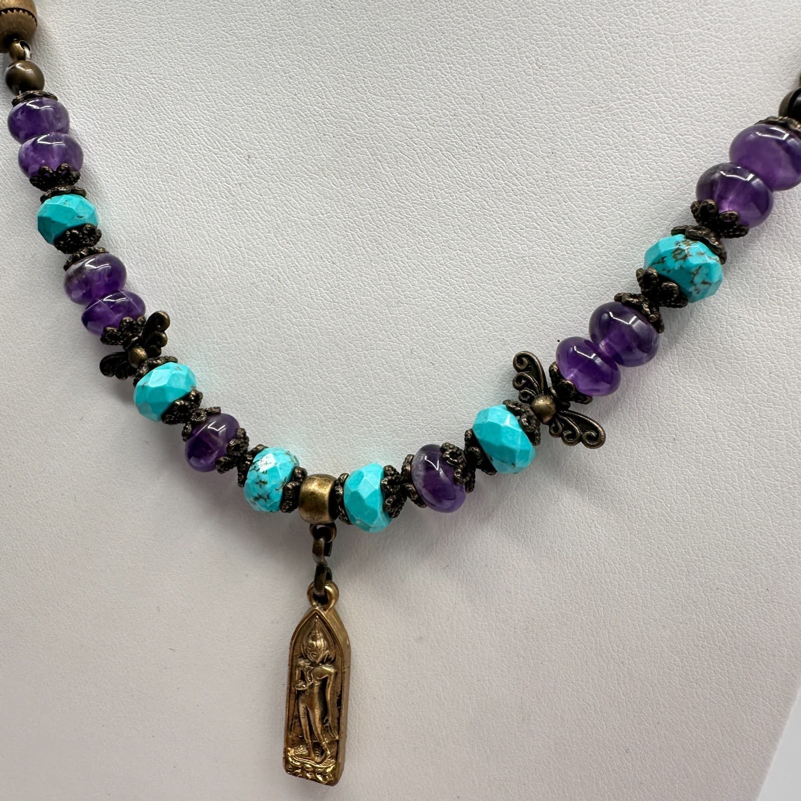 Vintage 90s Gold Tone Buddha Pendant Turquoise Glass Necklace Silk Bronze Tone - Thumbnail 7