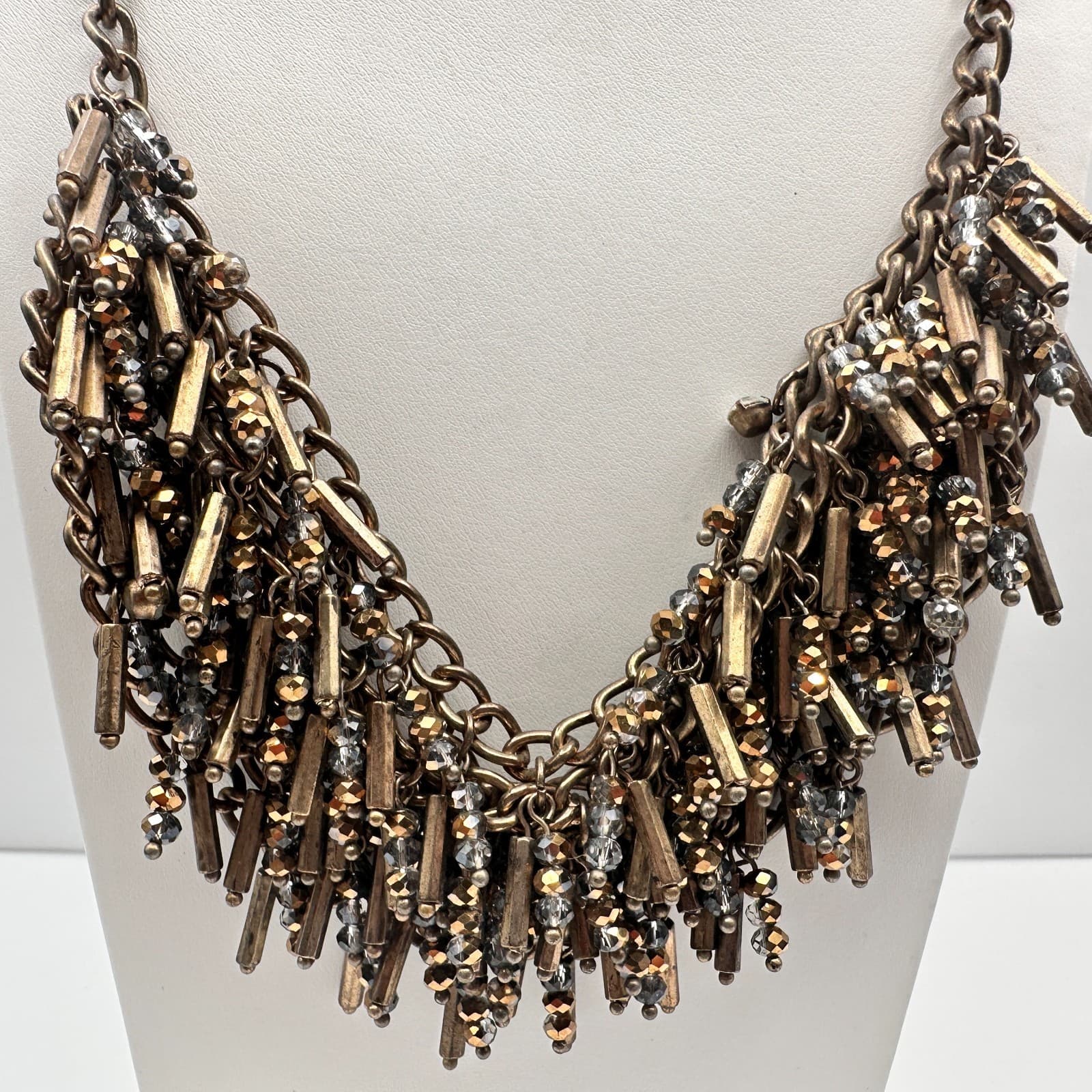 Vintage 90s Bronze Tone Statement Bib Necklace Glass Bead Tassel Fringe Fashion - Thumbnail 3
