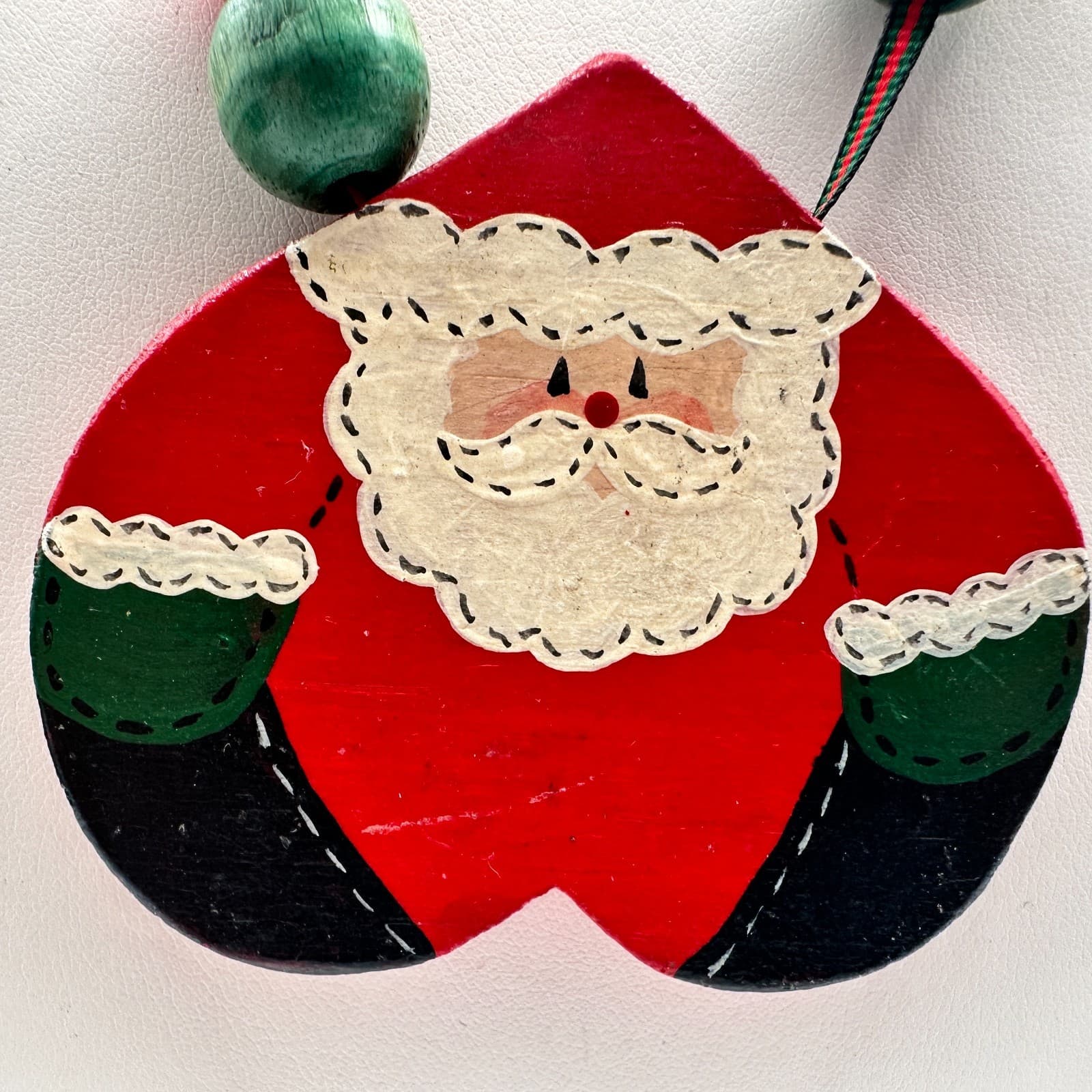 Vintage 90s Christmas Santa Claus Pendant Necklace Wood Jingle Bells Jewelry - Thumbnail 3