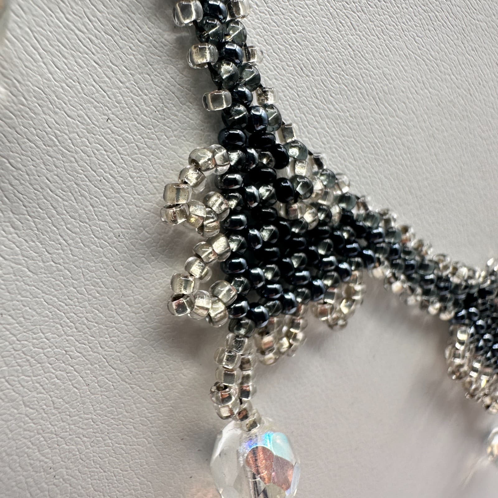 Vintage 90s Beaded Bib Necklace Black Silver Seed Bead Glass Fringe Jewelry - Thumbnail 5