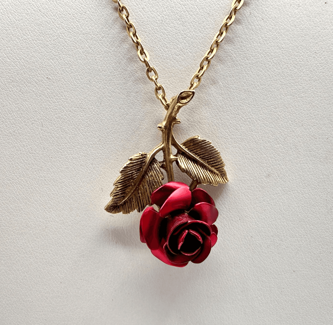 Vintage 80s Red Enamel Rose Necklace Gold Tone Floral Pendant Romantic Jewelry - Image 1