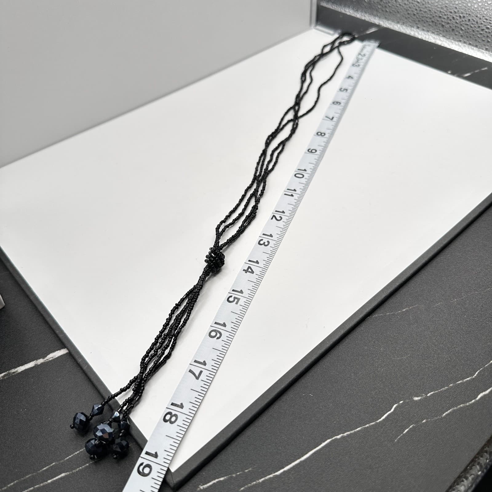 Vintage 90s Black Seed Bead Lariat Necklace Faceted Glass Tassel Boho Jewelry - Thumbnail 8