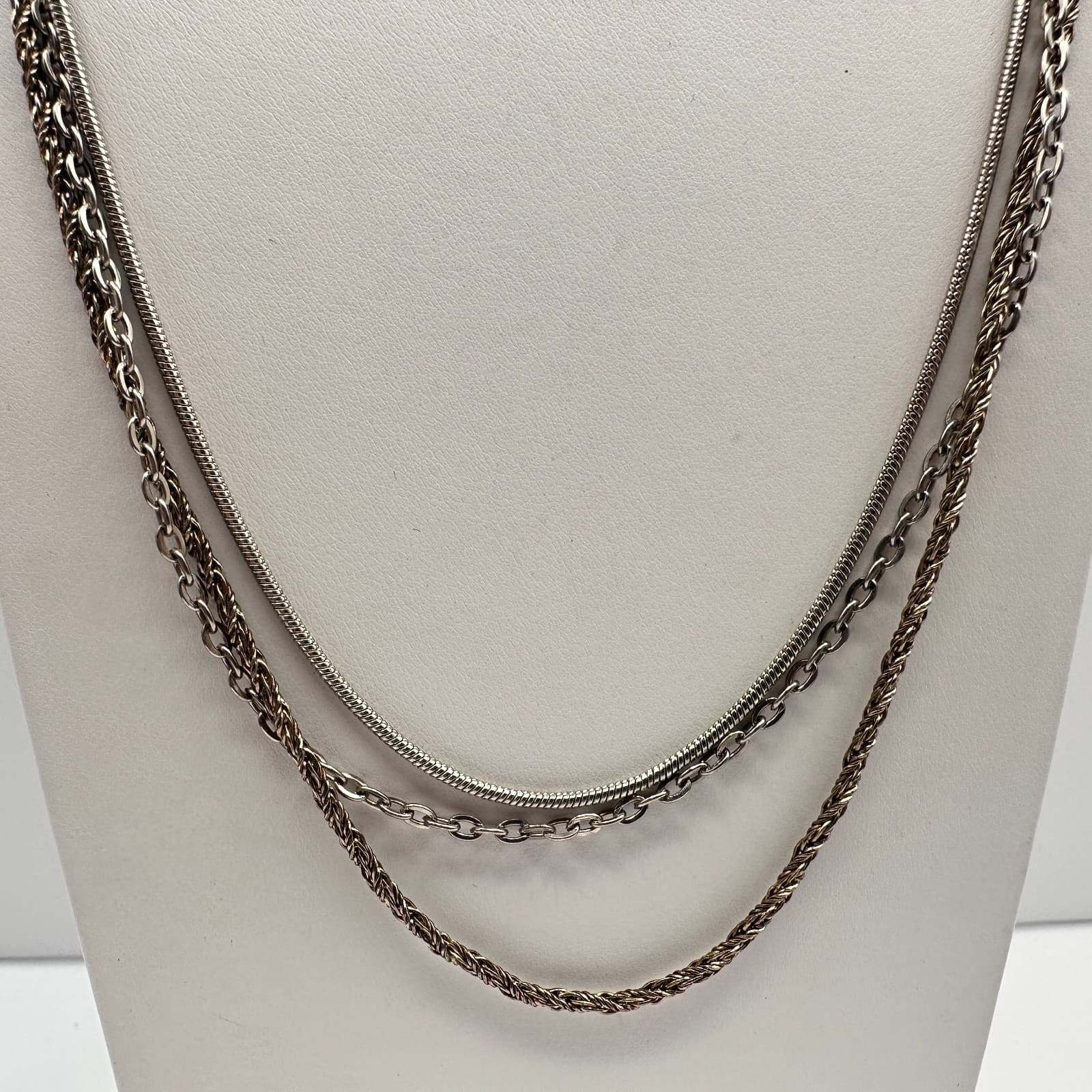 Vintage 90s LOFT Multi-Strand Layered Necklace Silver Tone Earthy Stones Jewelry - Thumbnail 3