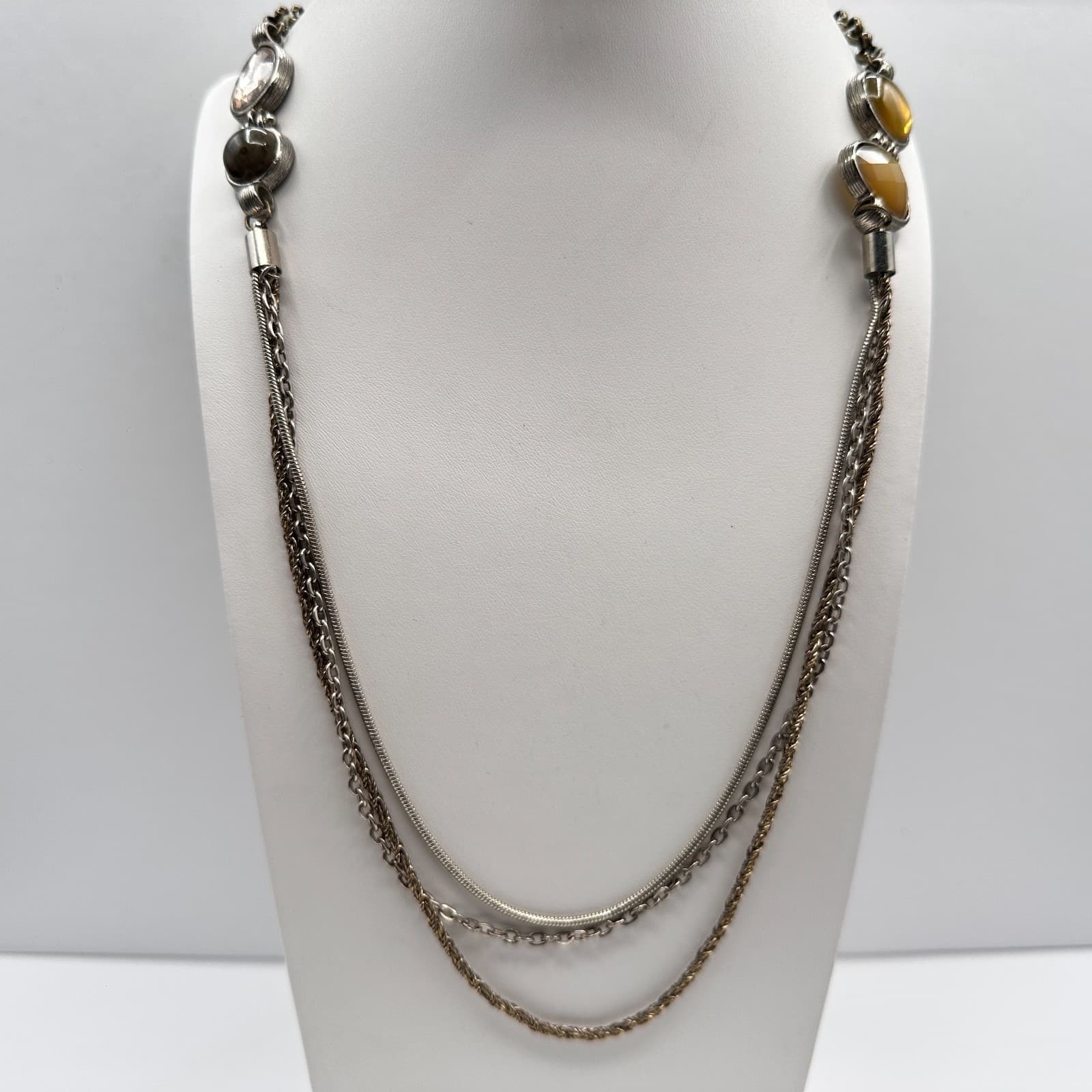 Vintage 90s LOFT Multi-Strand Layered Necklace Silver Tone Earthy Stones Jewelry - Thumbnail 10