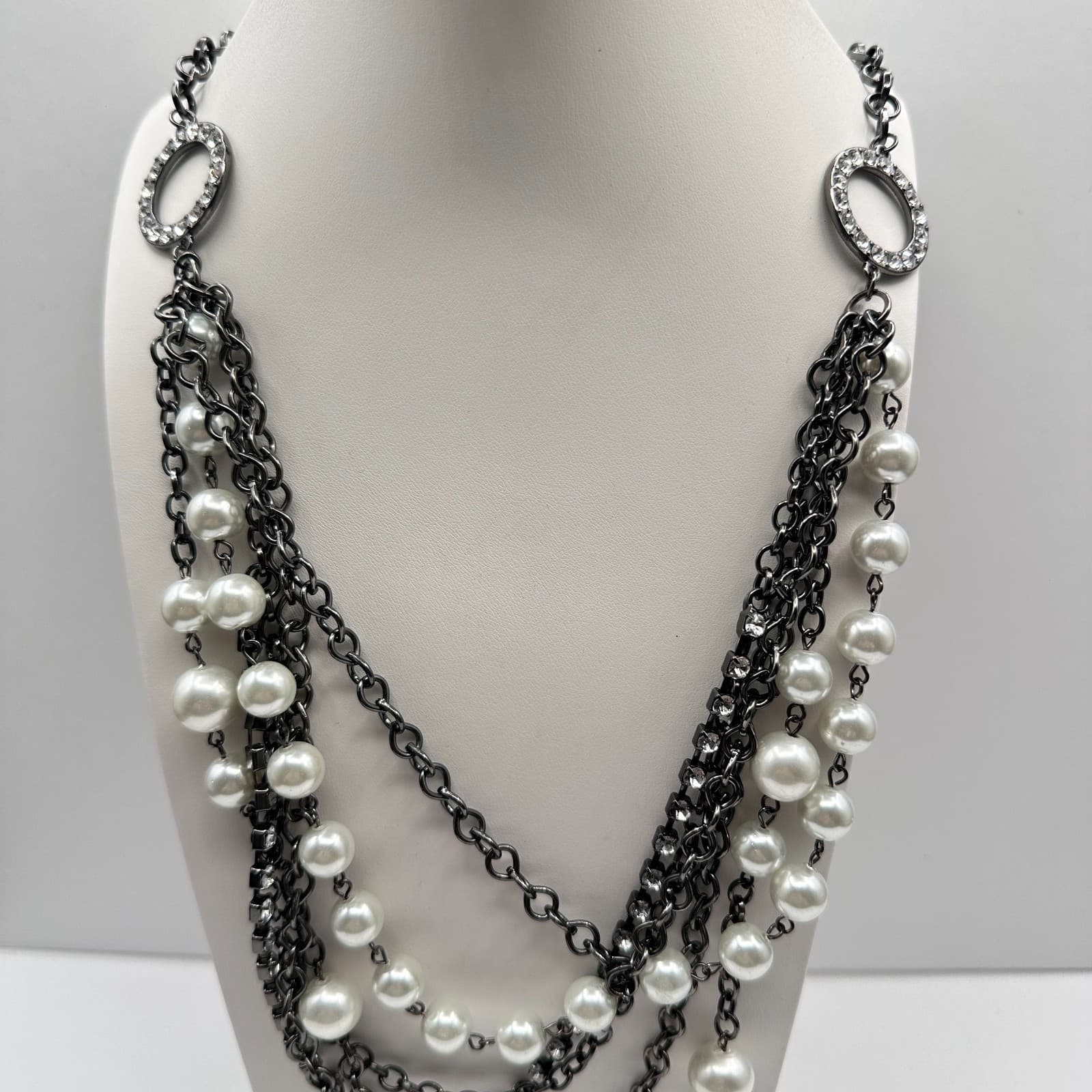 Vintage 90s NY Multi-Strand Faux Pearl Glass Layered Necklace Women's Jewelry - Thumbnail 2