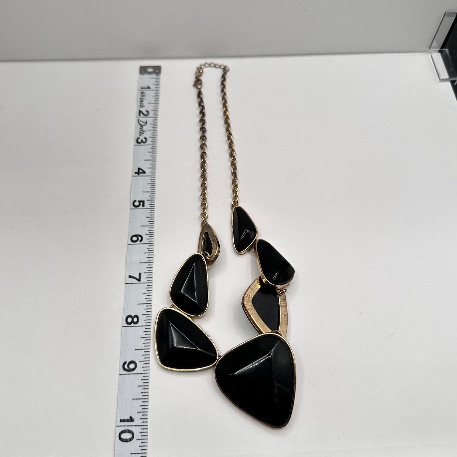Vintage 90s Black Onyx Style Statement Necklace Gold Tone Geometric Jewelry - Thumbnail 9
