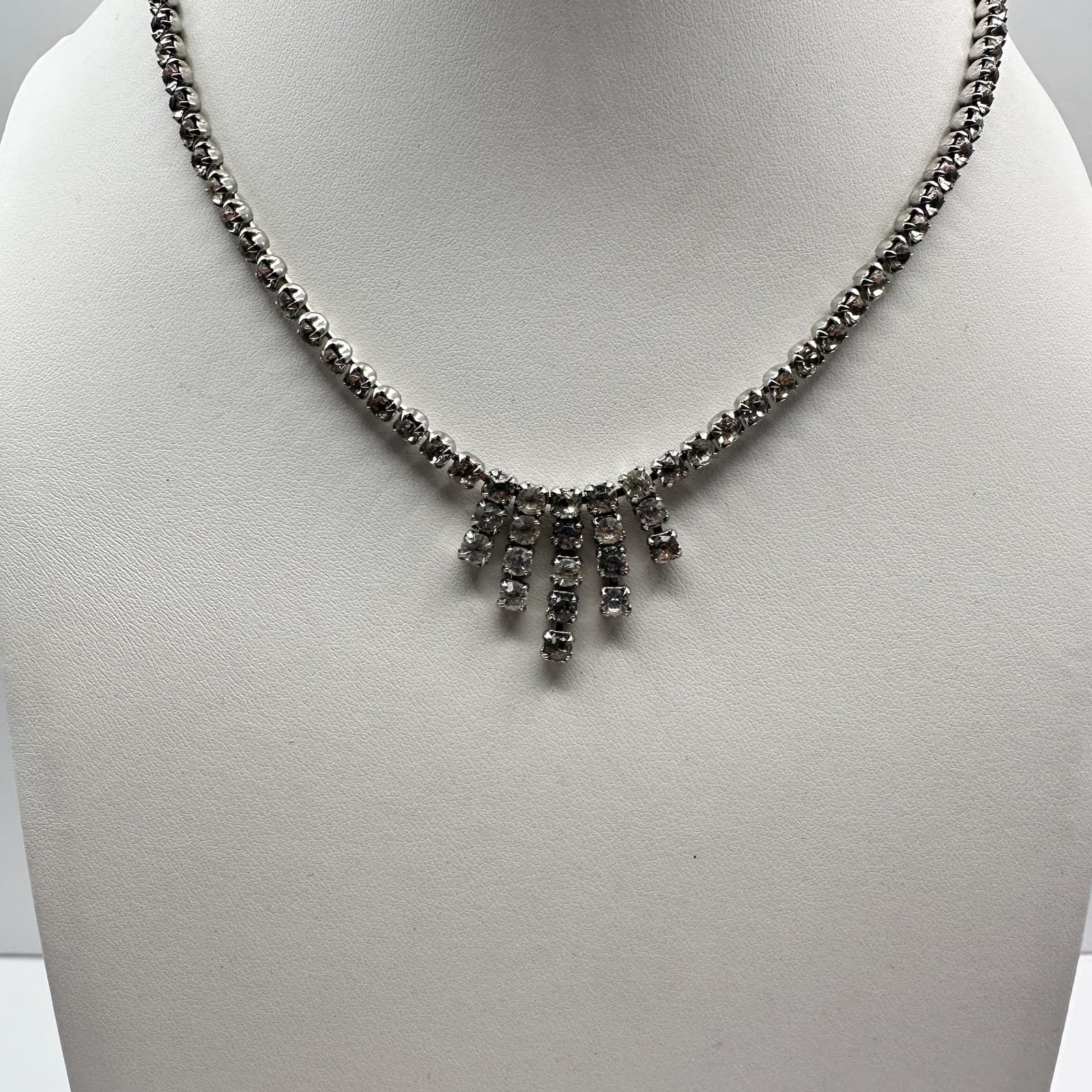 Vintage 50s 60s Silver Tone Clear Rhinestone Fringe Statement Necklace Jewelry - Thumbnail 7