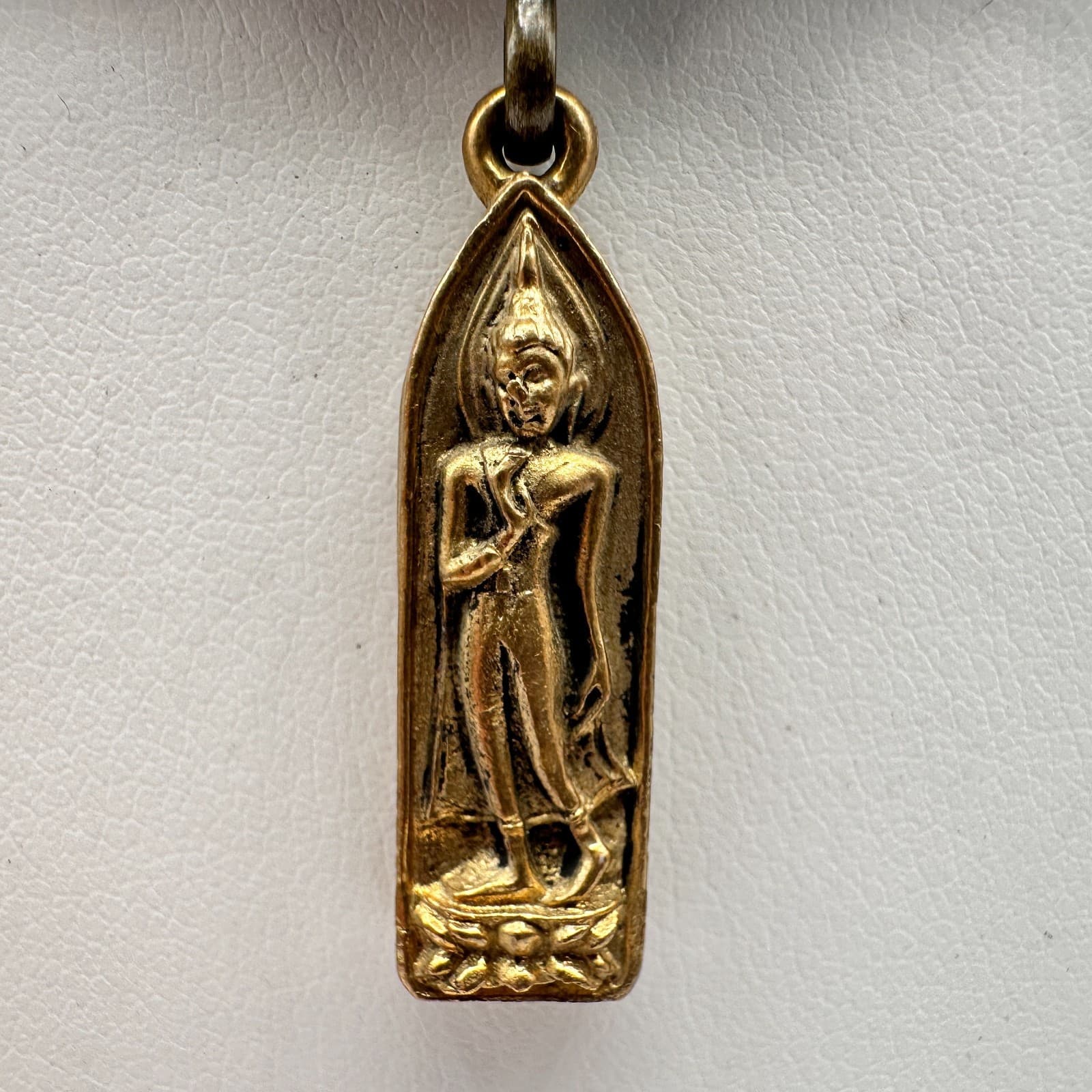 Vintage 90s Gold Tone Buddha Pendant Turquoise Glass Necklace Silk Bronze Tone - Thumbnail 4