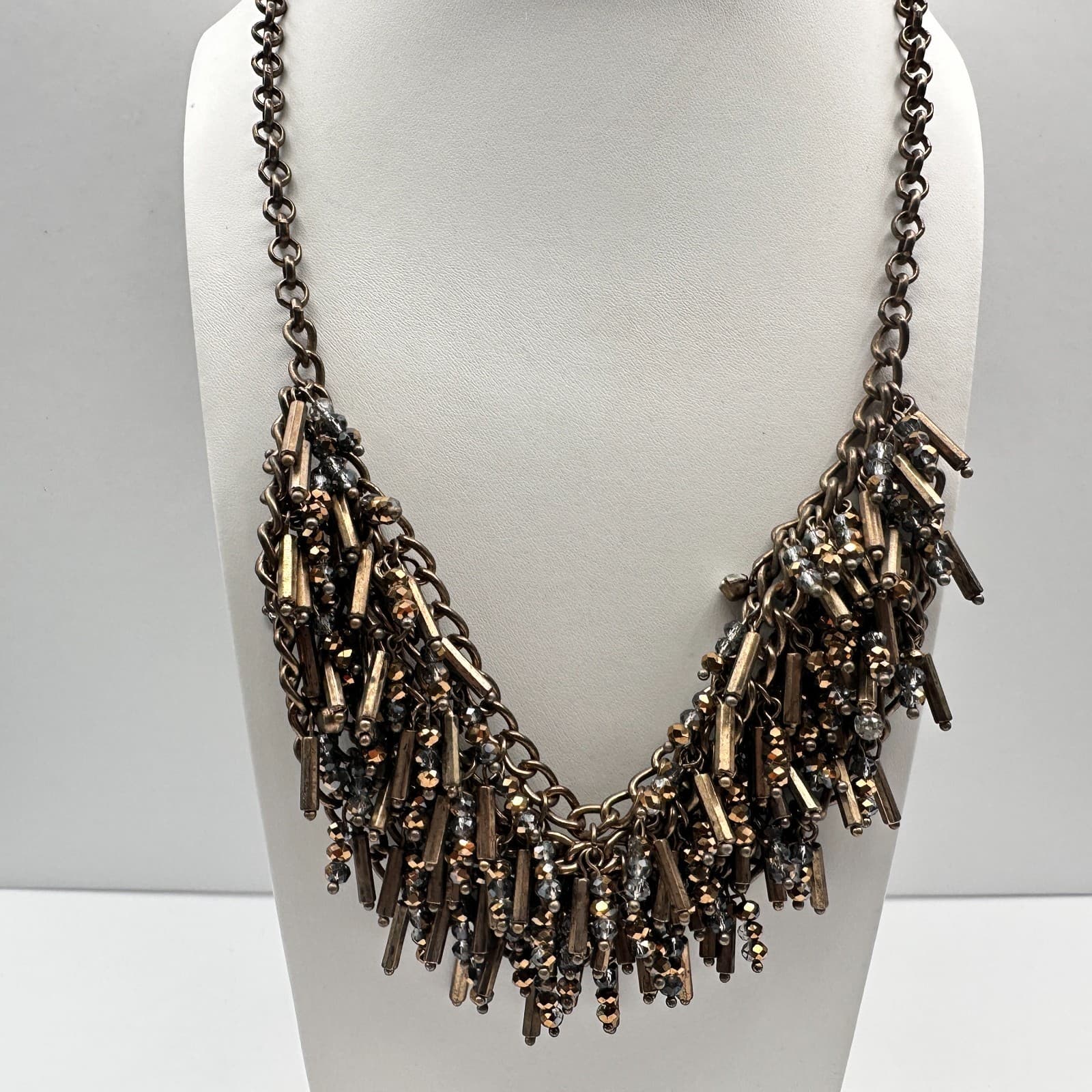 Vintage 90s Bronze Tone Statement Bib Necklace Glass Bead Tassel Fringe Fashion - Thumbnail 8
