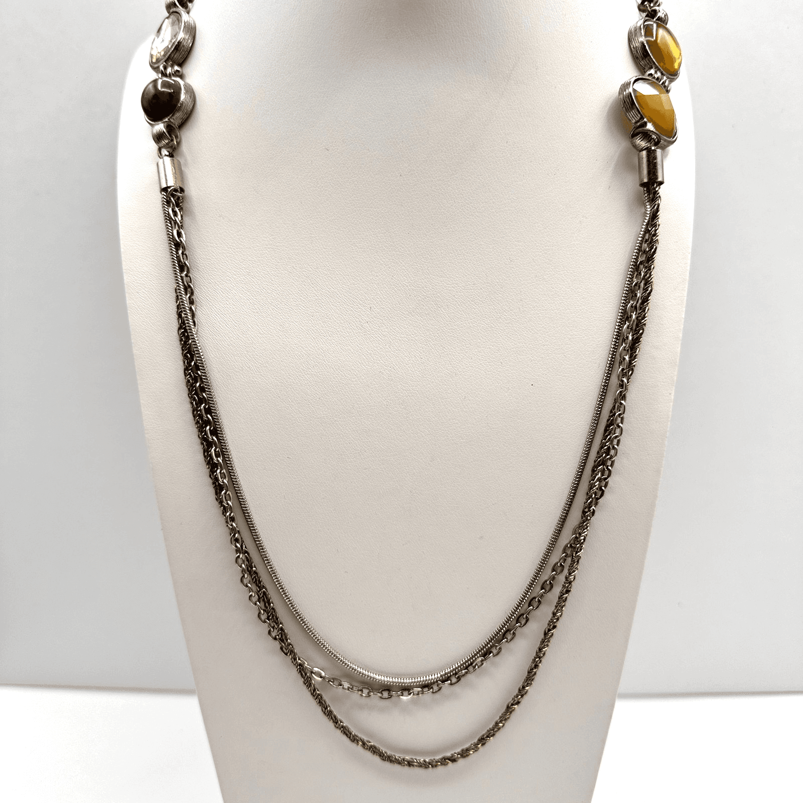 Vintage 90s LOFT Multi-Strand Layered Necklace Silver Tone Earthy Stones Jewelry - Image 1