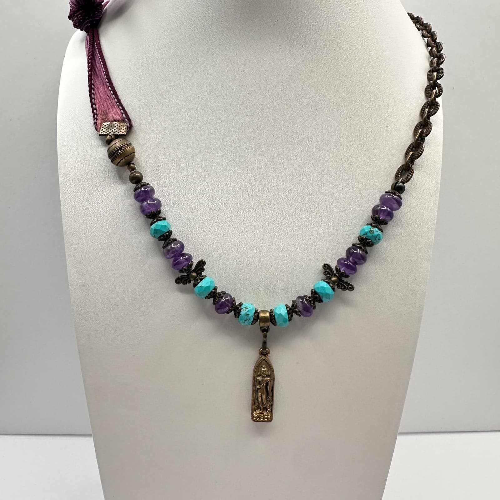 Vintage 90s Gold Tone Buddha Pendant Turquoise Glass Necklace Silk Bronze Tone - Thumbnail 2