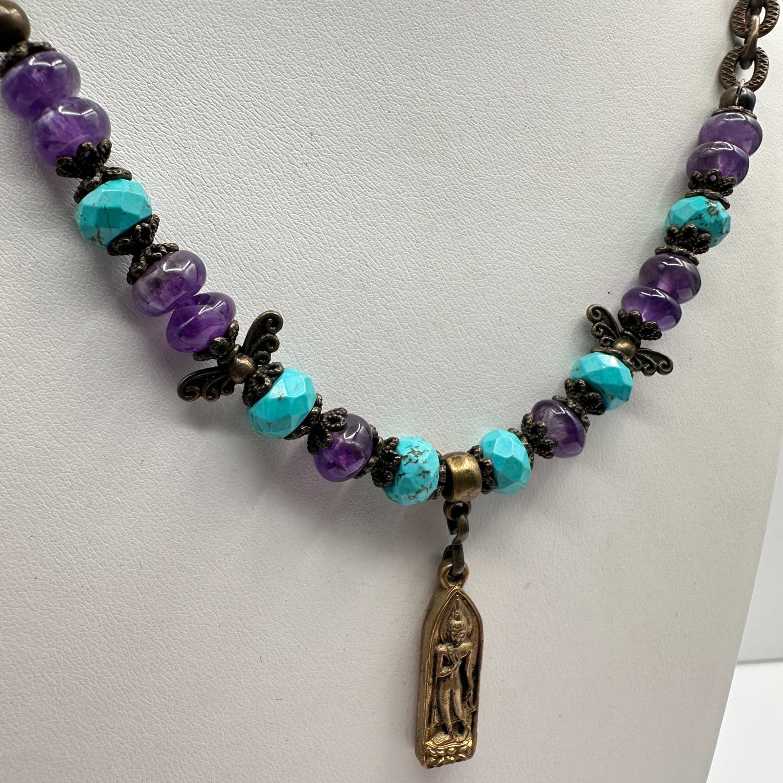 Vintage 90s Gold Tone Buddha Pendant Turquoise Glass Necklace Silk Bronze Tone - Thumbnail 6