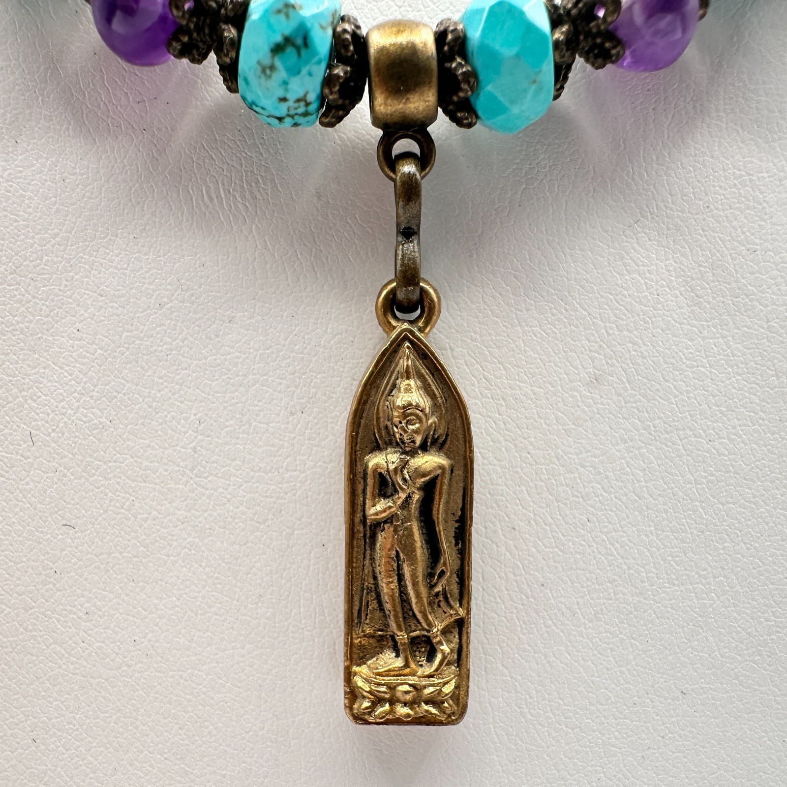 Vintage 90s Gold Tone Buddha Pendant Turquoise Glass Necklace Silk Bronze Tone - Thumbnail 3