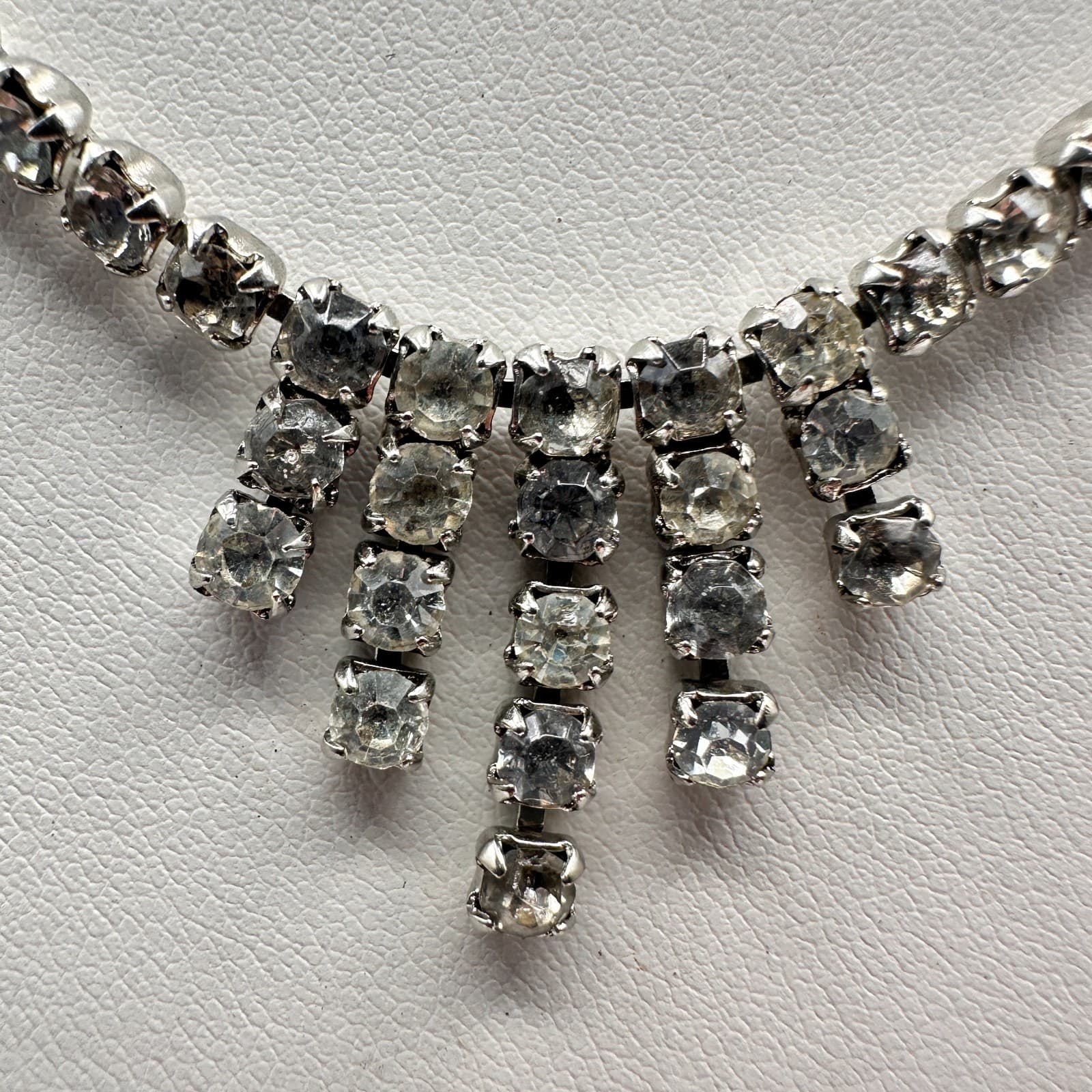 Vintage 50s 60s Silver Tone Clear Rhinestone Fringe Statement Necklace Jewelry - Thumbnail 6