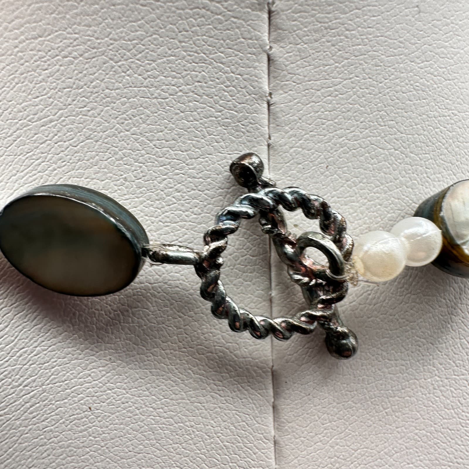 Vintage 90s Beaded Necklace Set Blue Lace Agate Pearl Shell Grey Classic Jewelry - Thumbnail 14