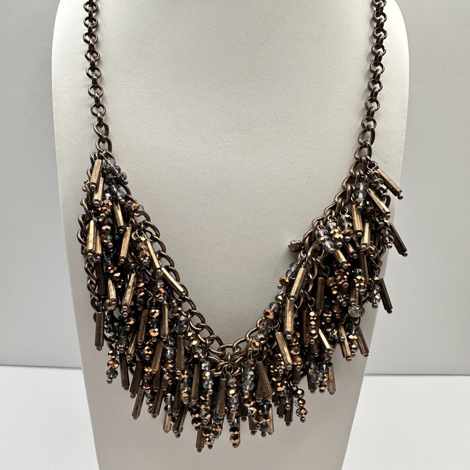 Vintage 90s Bronze Tone Statement Bib Necklace Glass Bead Tassel Fringe Fashion - Thumbnail 2