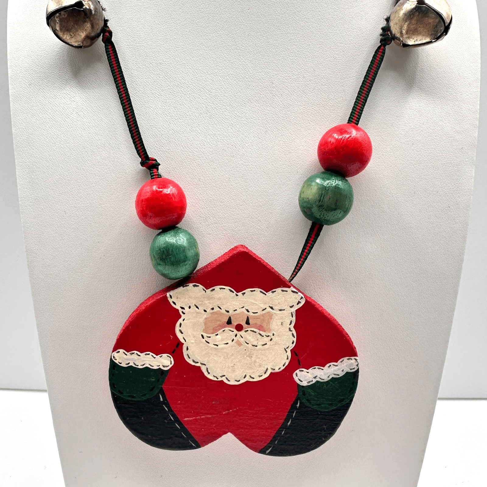 Vintage 90s Christmas Santa Claus Pendant Necklace Wood Jingle Bells Jewelry - Image 1