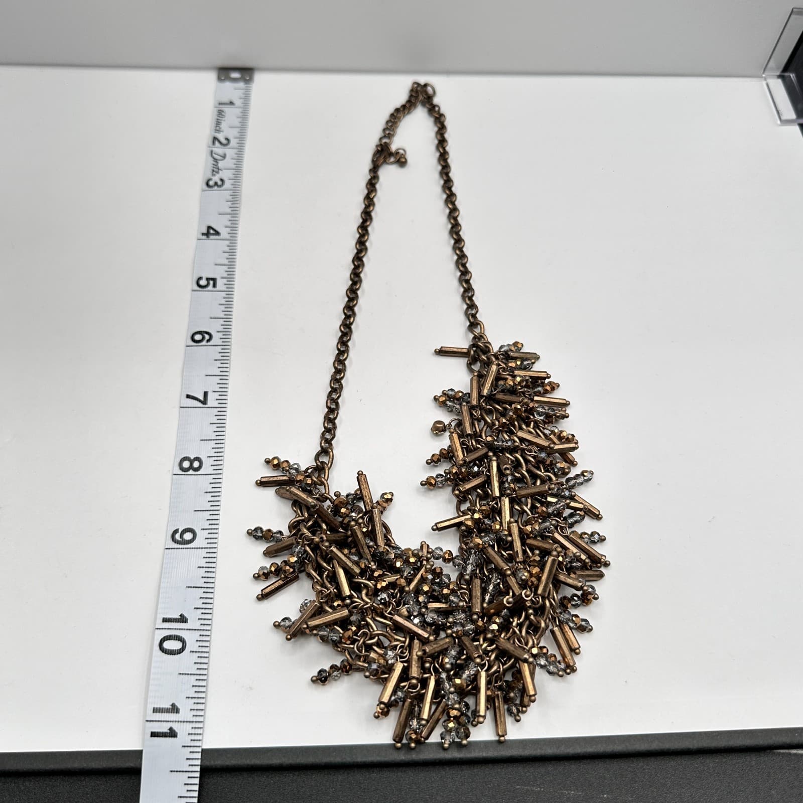 Vintage 90s Bronze Tone Statement Bib Necklace Glass Bead Tassel Fringe Fashion - Thumbnail 10