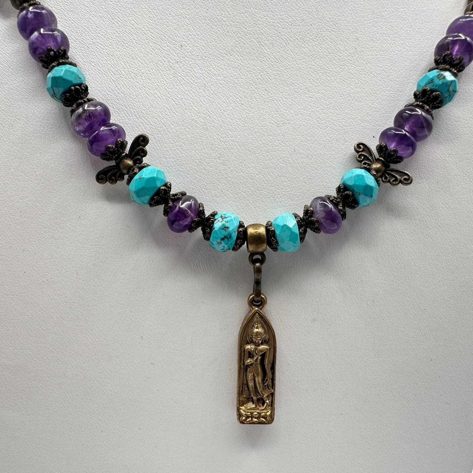 Vintage 90s Gold Tone Buddha Pendant Turquoise Glass Necklace Silk Bronze Tone - Thumbnail 5