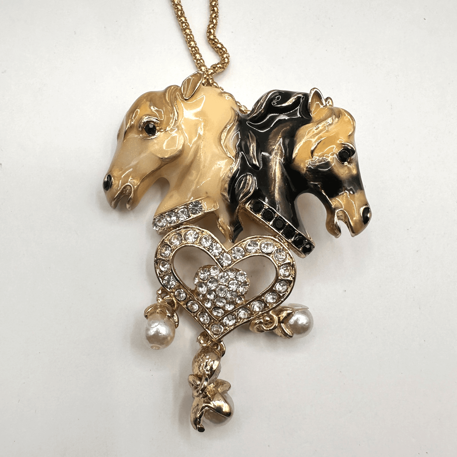 Betsey Johnson Vintage 90s Gold Tone Horse Pendant Necklace Enamel Heart - Image 1