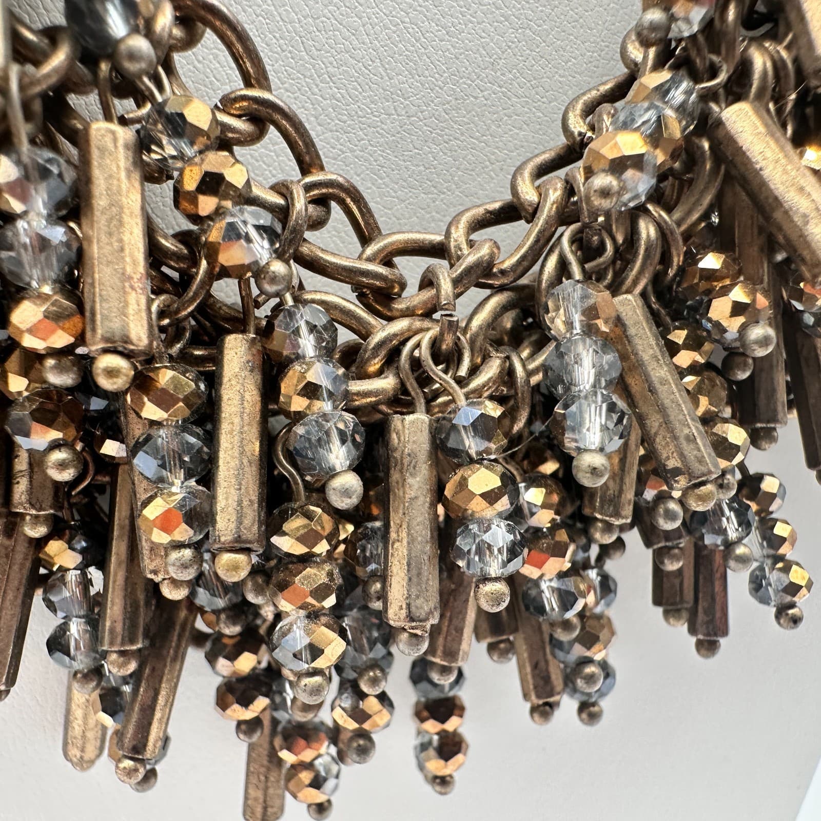 Vintage 90s Bronze Tone Statement Bib Necklace Glass Bead Tassel Fringe Fashion - Thumbnail 6