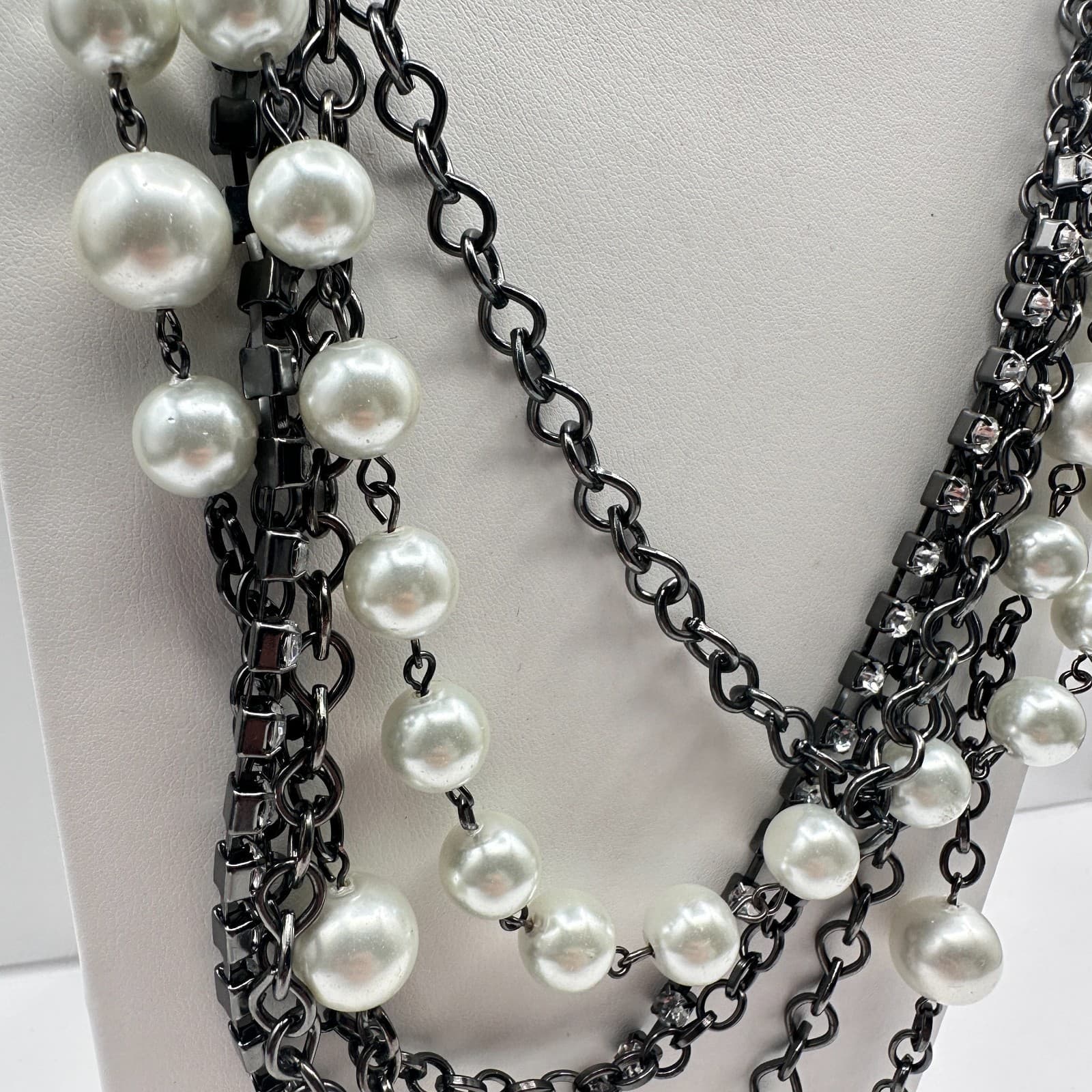 Vintage 90s NY Multi-Strand Faux Pearl Glass Layered Necklace Women's Jewelry - Thumbnail 5