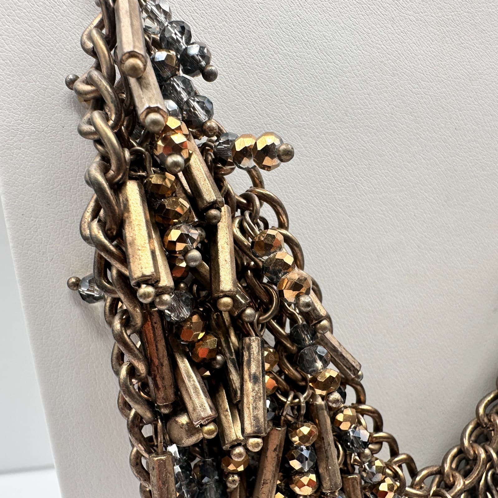 Vintage 90s Bronze Tone Statement Bib Necklace Glass Bead Tassel Fringe Fashion - Thumbnail 4