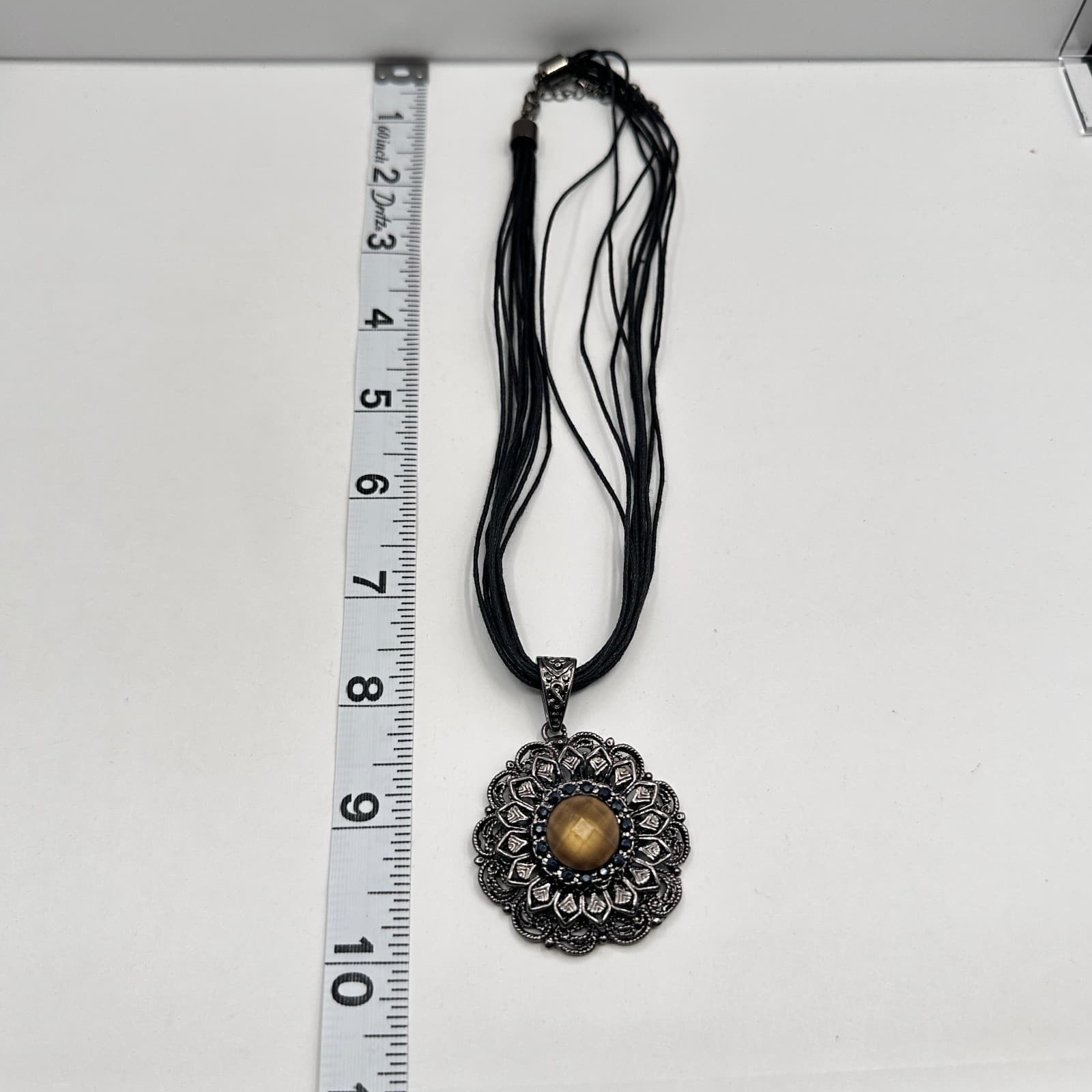 Vintage 90s Mandala Flower Pendant Necklace Black Cord Boho Style Brown Glass - Thumbnail 7