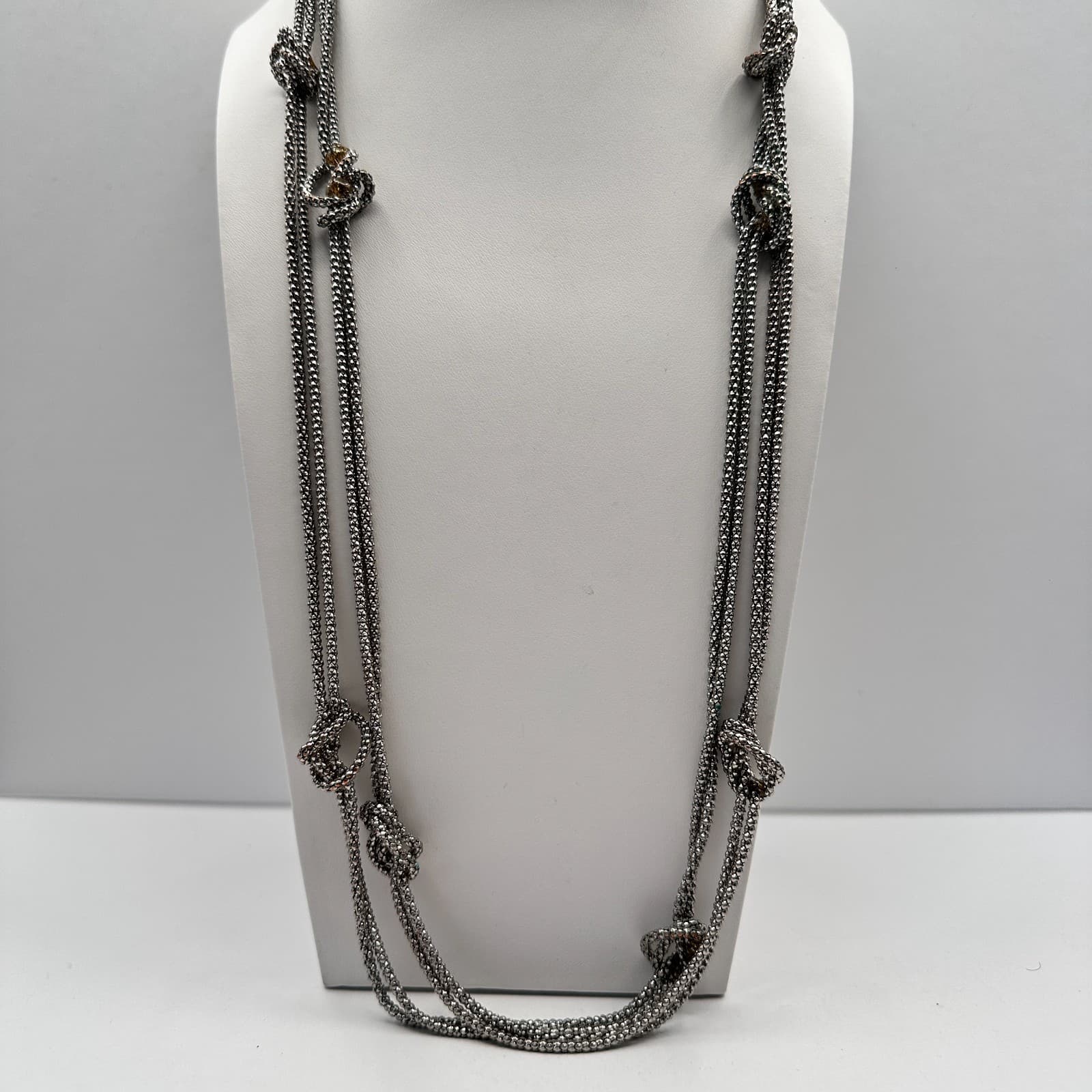 Vintage 90s Multi Strand Silver Tone Knotted Mesh Popcorn Chain Necklace Jewelry - Image 1