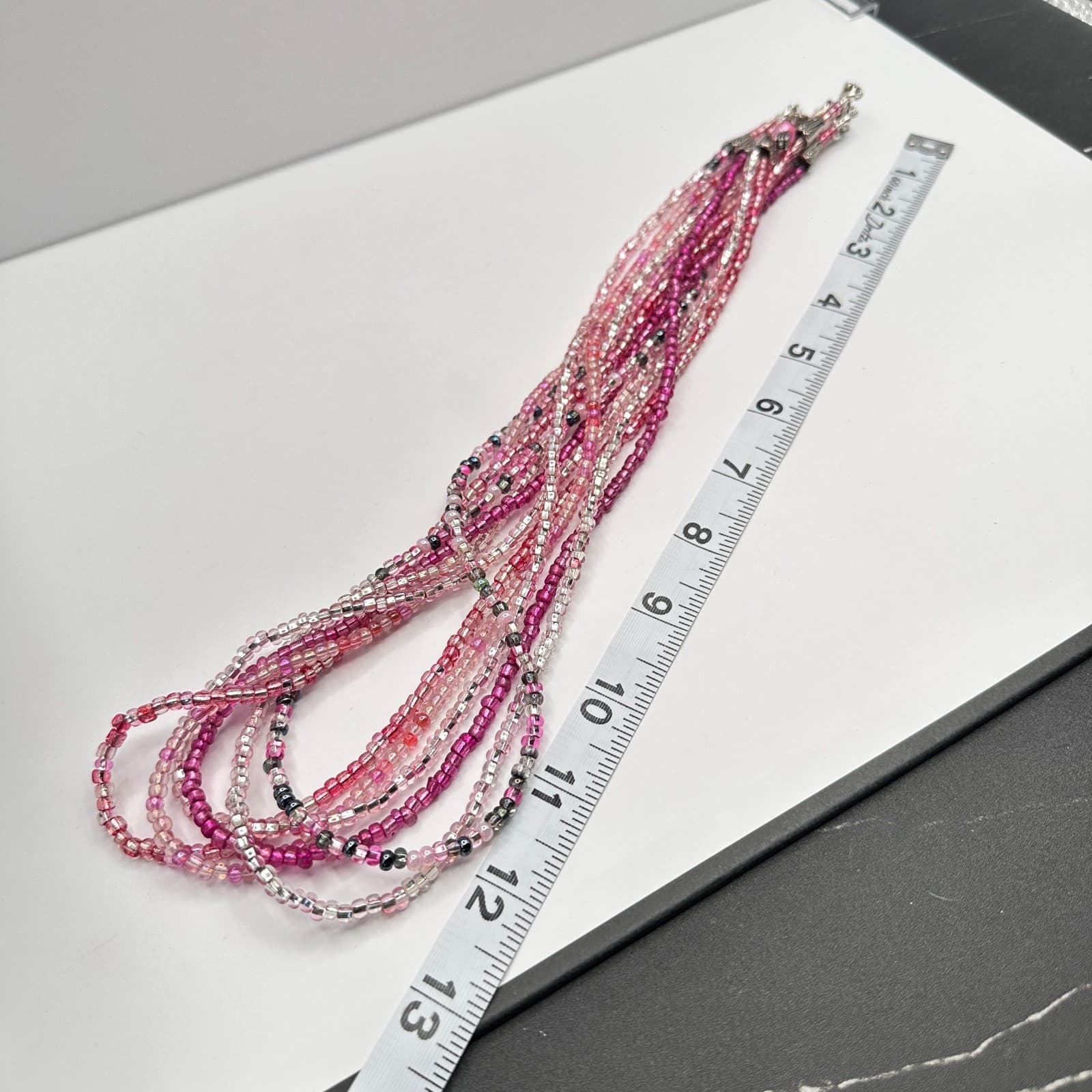 Vintage Y2K Multi Strand Pink Seed Beads Layered Necklace Silver toned Jewelry - Thumbnail 9