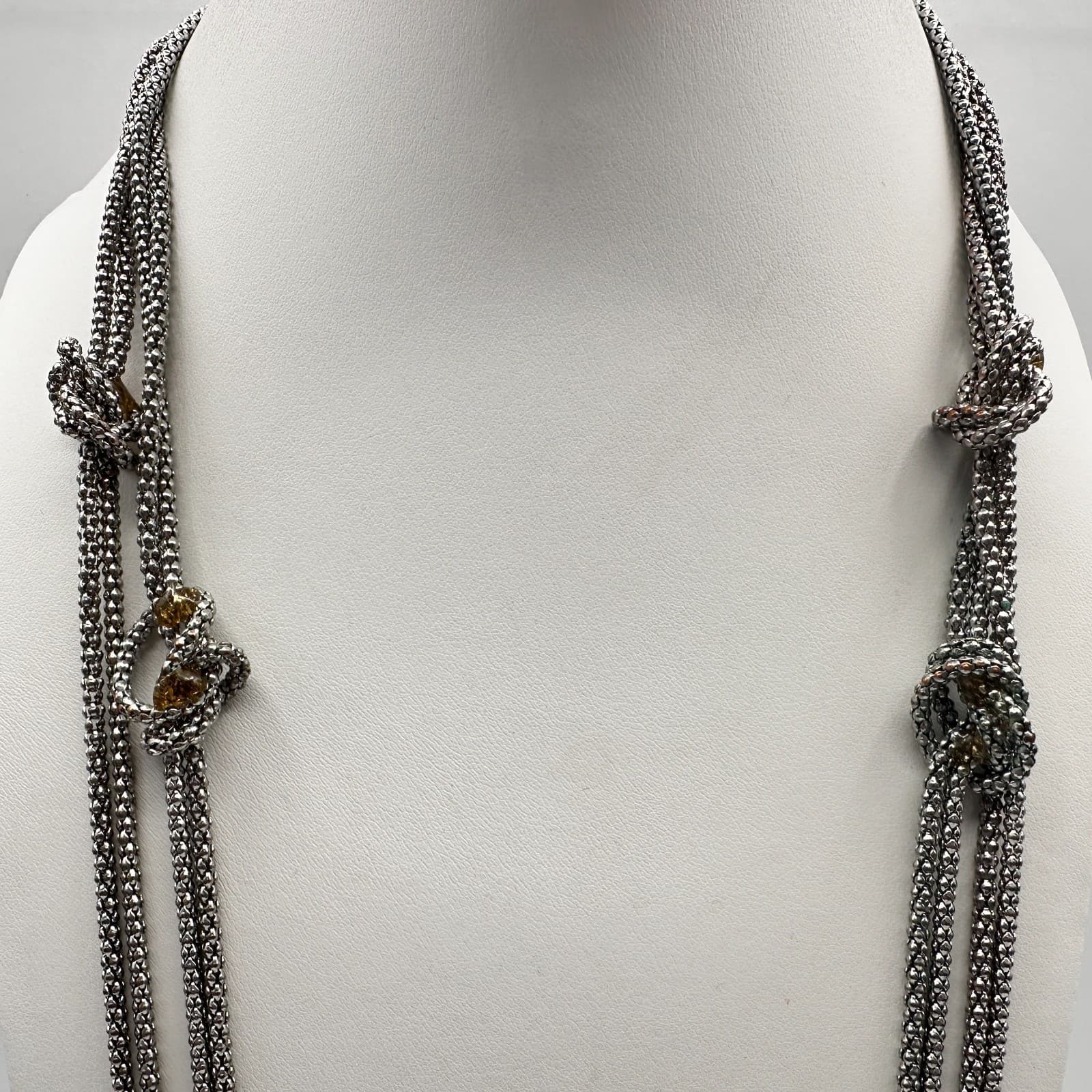 Vintage 90s Multi Strand Silver Tone Knotted Mesh Popcorn Chain Necklace Jewelry - Thumbnail 3