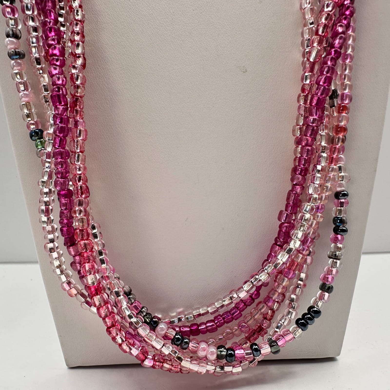 Vintage Y2K Multi Strand Pink Seed Beads Layered Necklace Silver toned Jewelry - Thumbnail 3