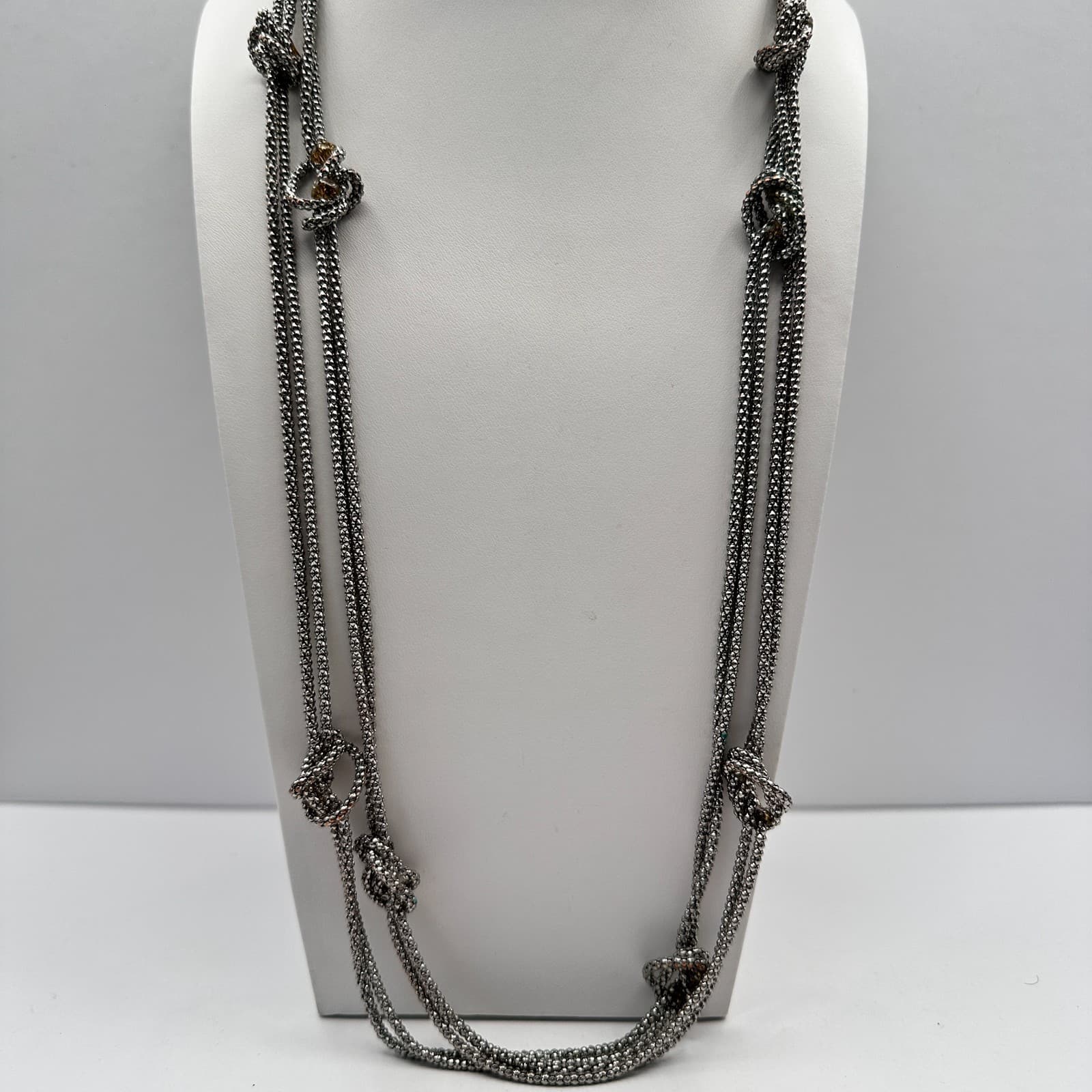 Vintage 90s Multi Strand Silver Tone Knotted Mesh Popcorn Chain Necklace Jewelry - Thumbnail 7