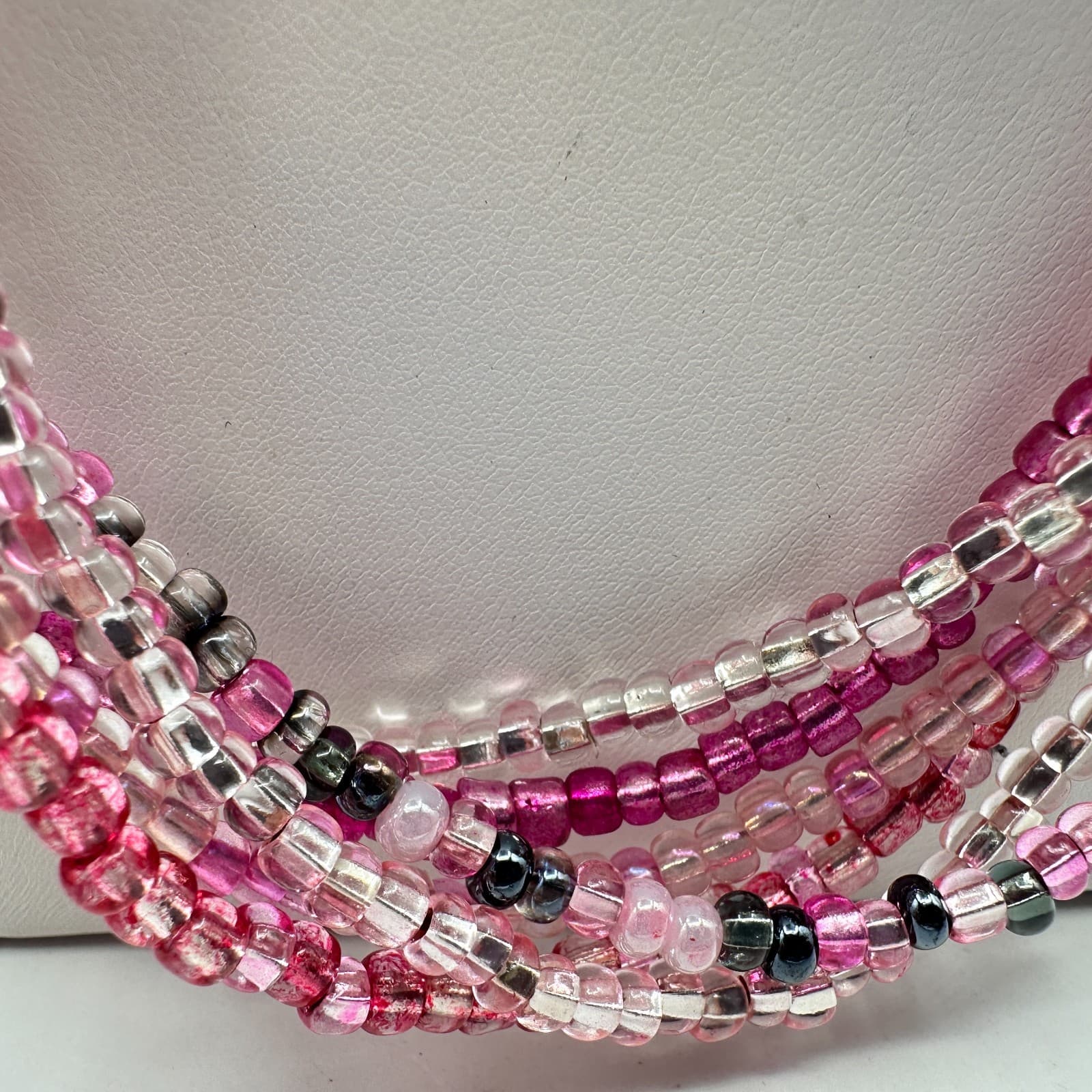 Vintage Y2K Multi Strand Pink Seed Beads Layered Necklace Silver toned Jewelry - Thumbnail 4