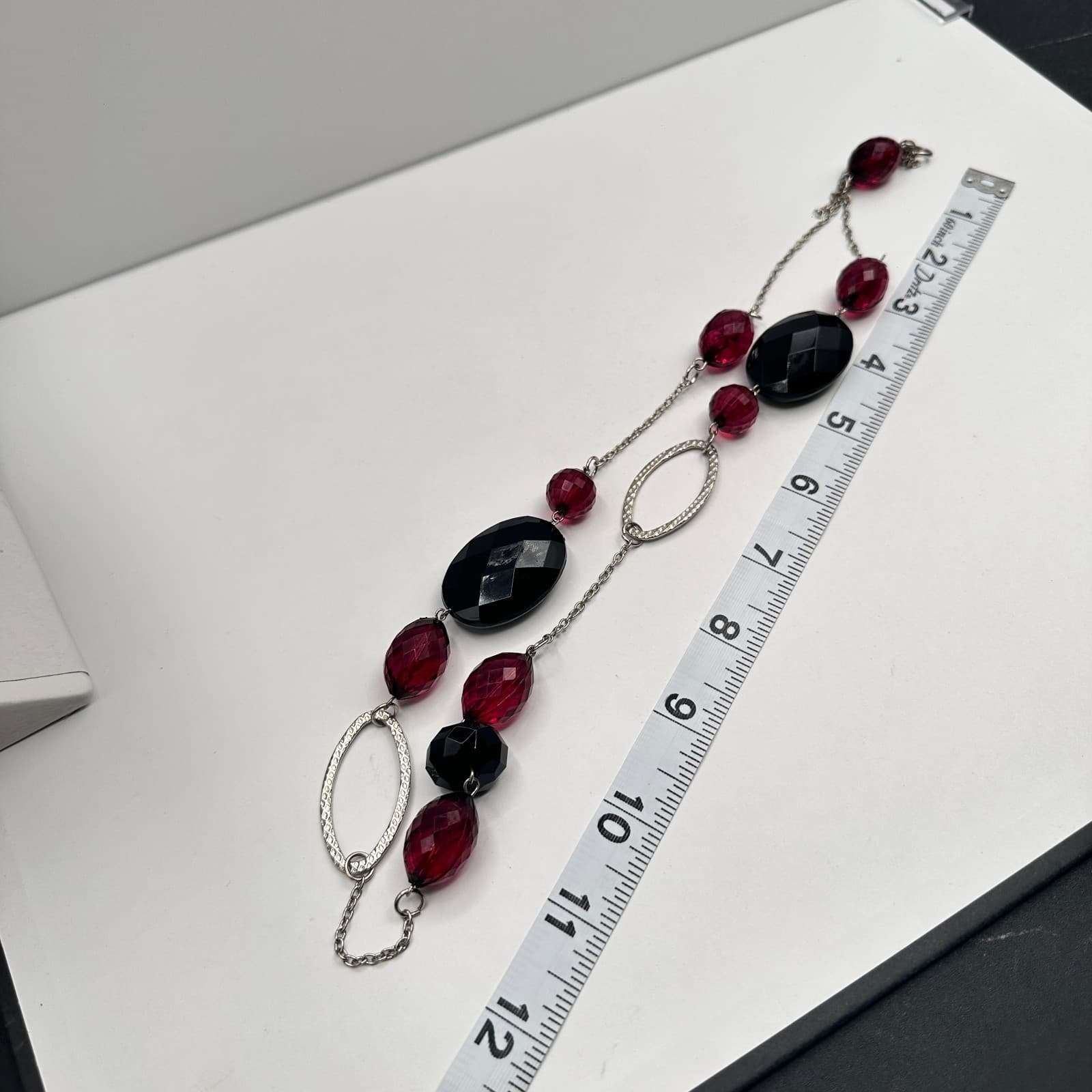 Vintage 90s Black & Red Beaded Necklace Silver Tone Statement Fashion Jewelry - Thumbnail 7