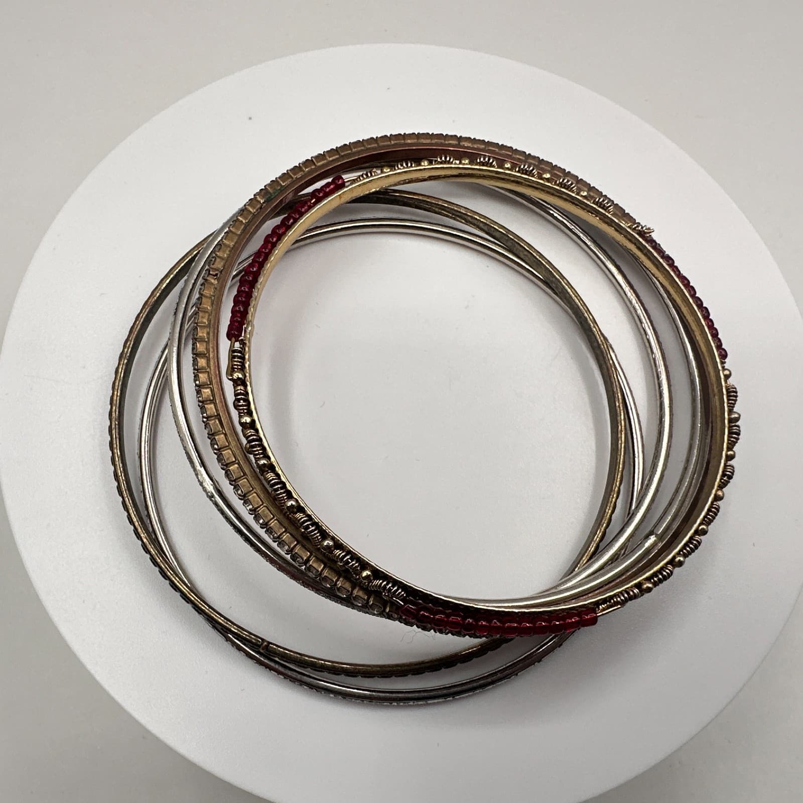 Vintage 90s Mixed Stack Bangle Bracelets Red Beads Multicolor Tone Jewelry - Thumbnail 7