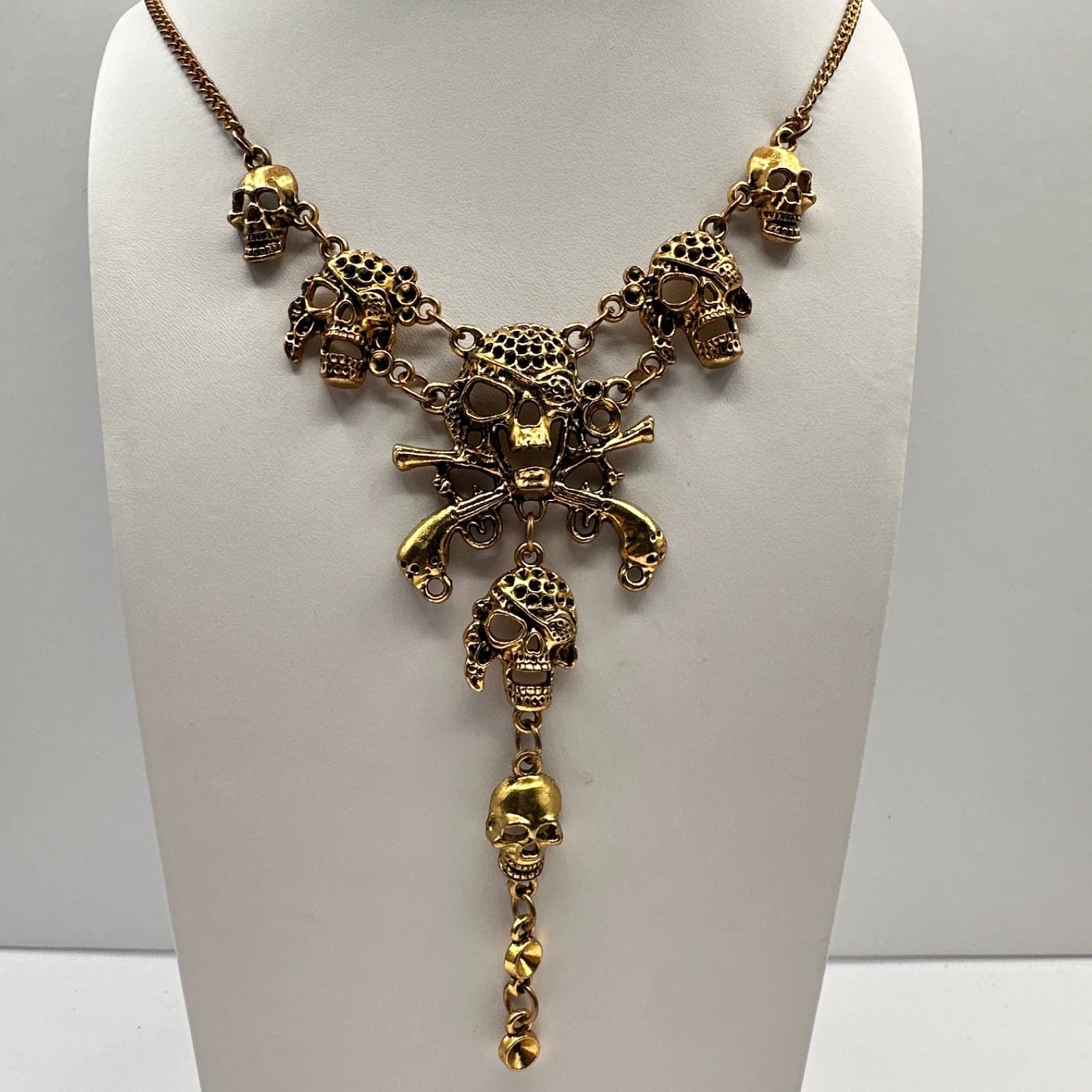 Vintage Y2K Pirate Skull Pistol Multi-Level Necklace Gold Tone Goth Punk Jewelry - Image 1