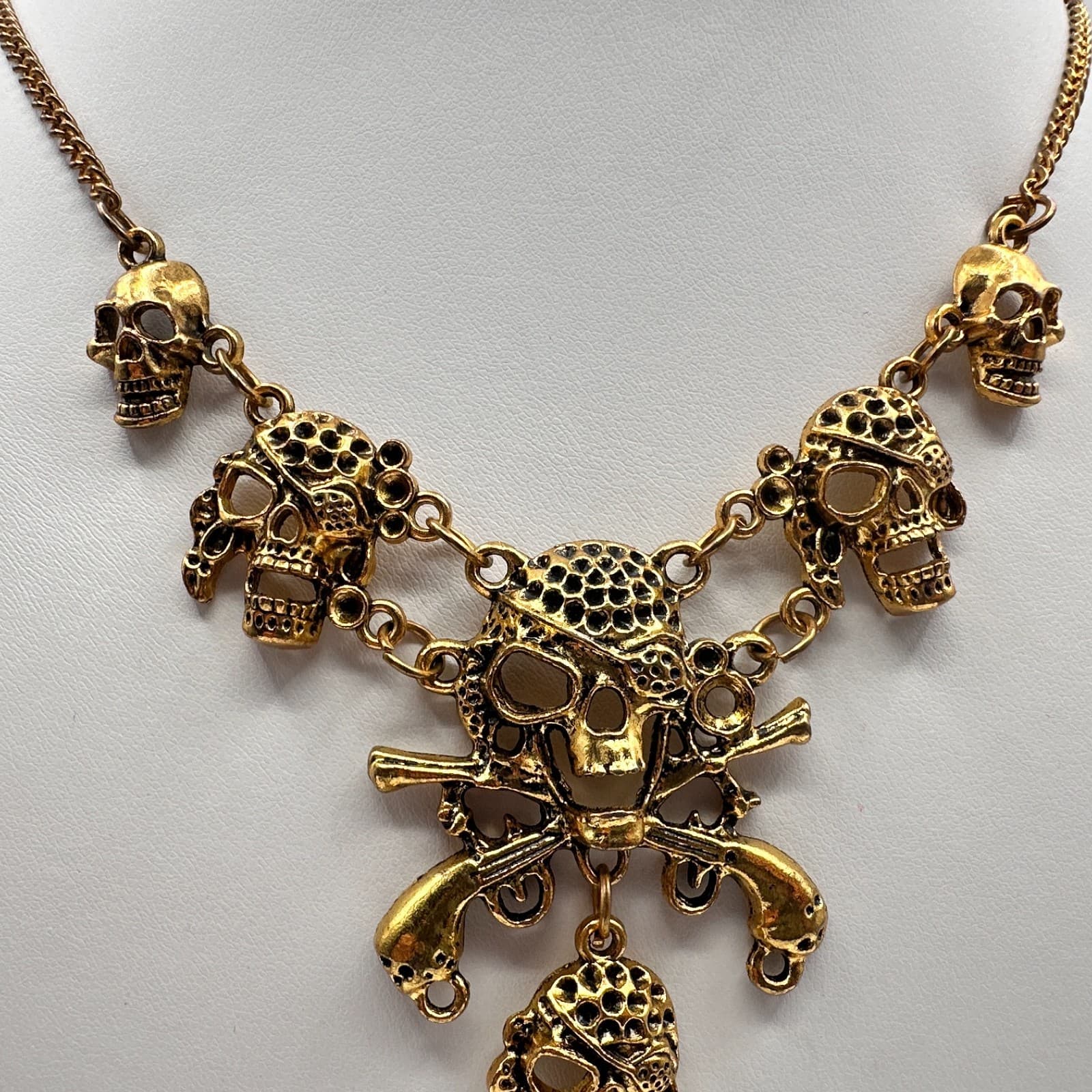 Vintage Y2K Pirate Skull Pistol Multi-Level Necklace Gold Tone Goth Punk Jewelry - Thumbnail 4