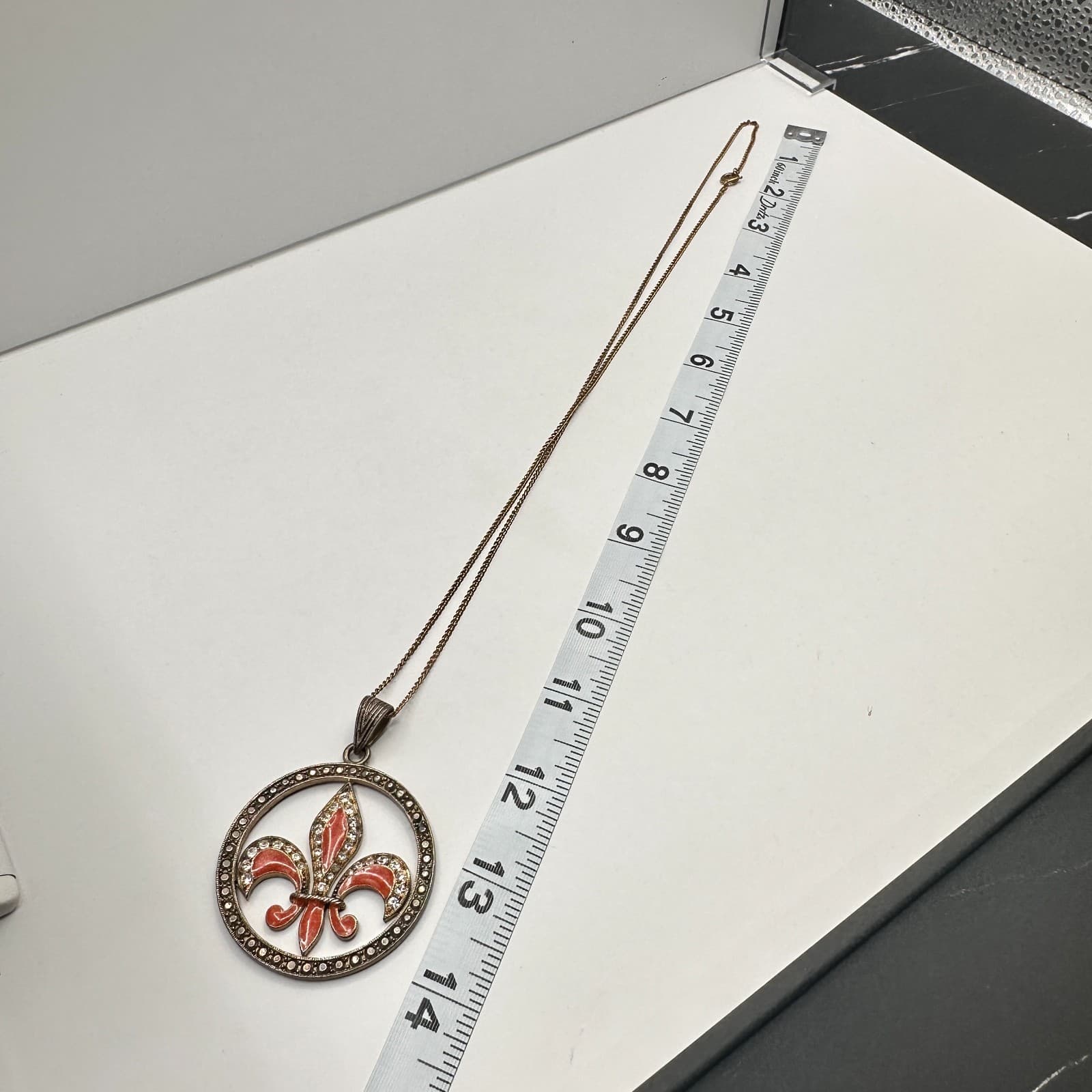 Vintage 90s Orange Fleur De Lis Pendant Necklace Multicolor Tone Women's Jewelry - Thumbnail 10