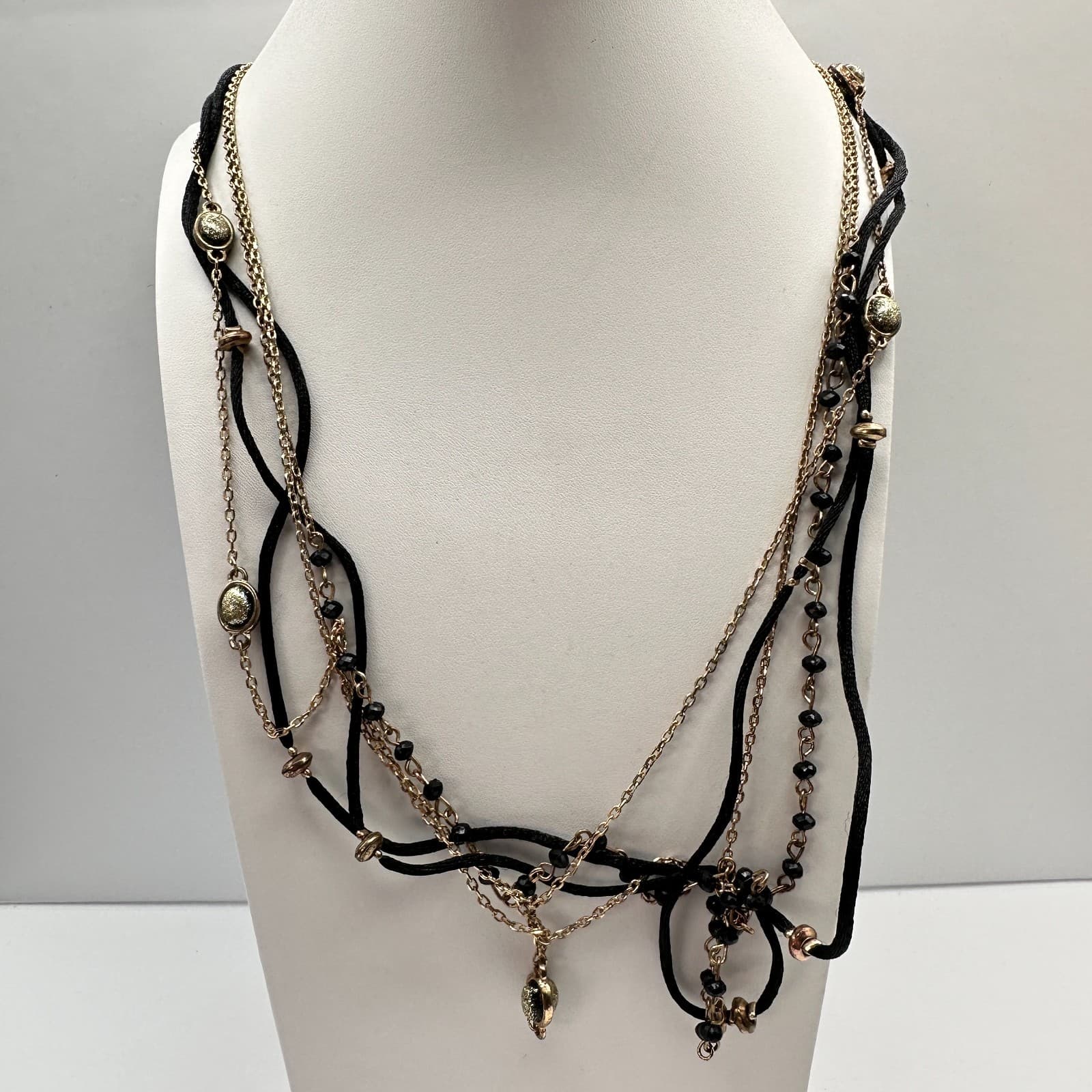 Vintage 90s Multi Strand Beads Black Cord Necklace Gold Tone Women's Jewelry - Image 1