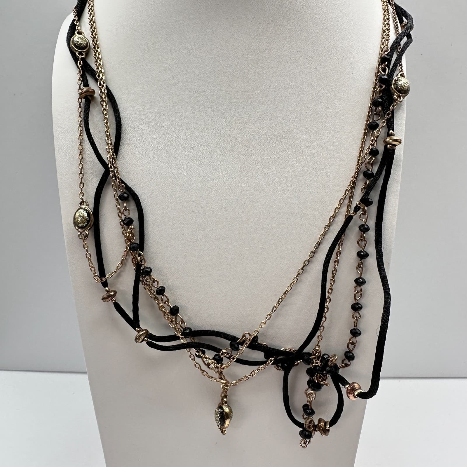 Vintage 90s Multi Strand Beads Black Cord Necklace Gold Tone Women's Jewelry - Thumbnail 8