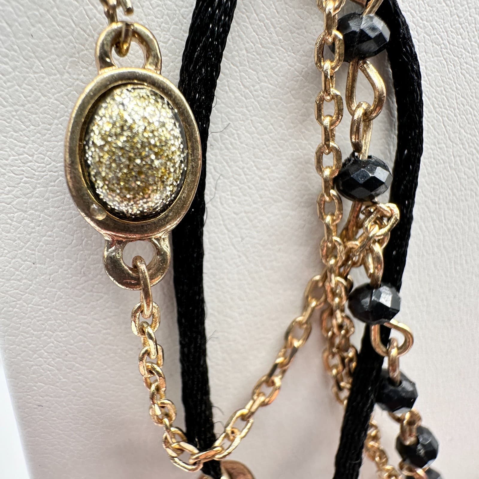 Vintage 90s Multi Strand Beads Black Cord Necklace Gold Tone Women's Jewelry - Thumbnail 6