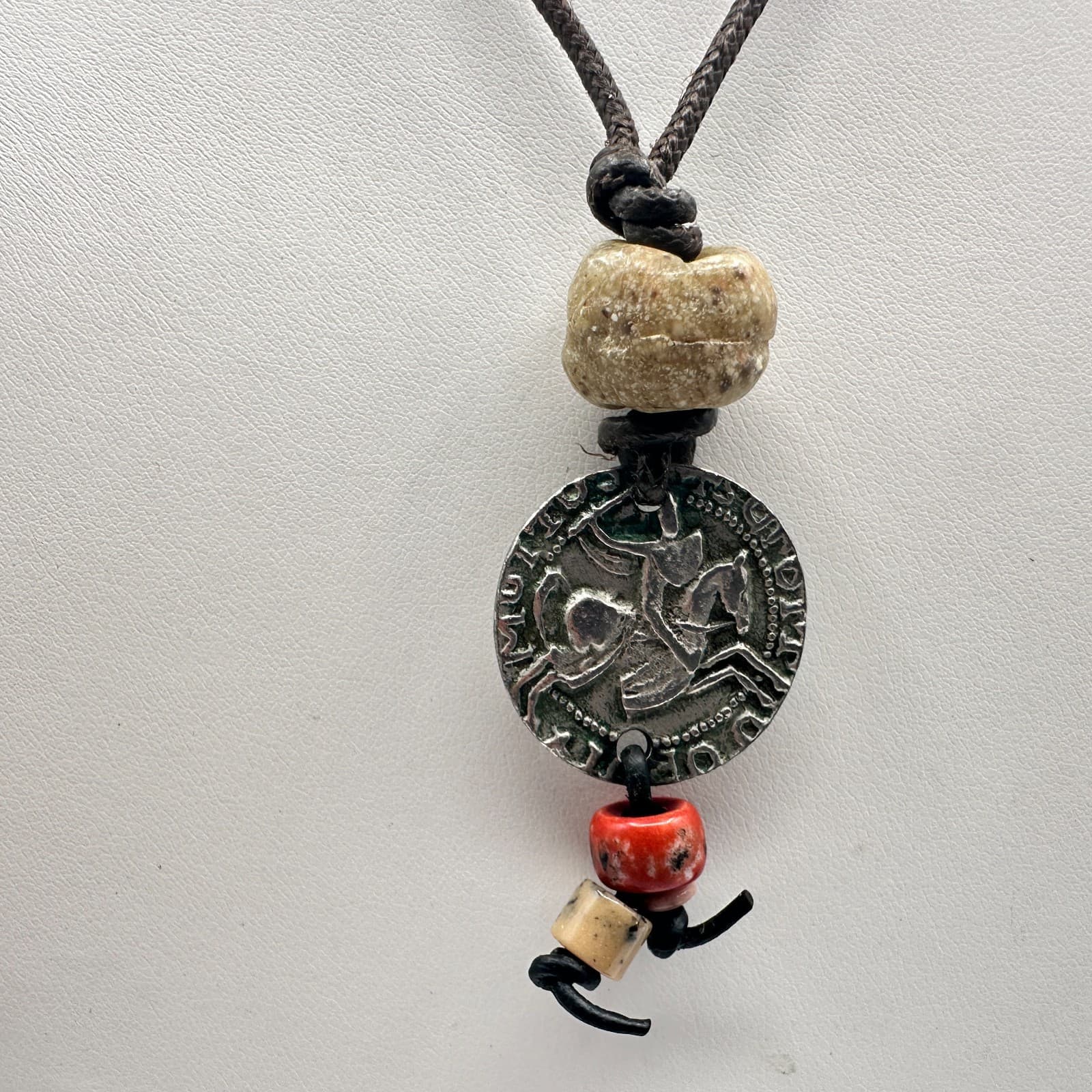 Vintage 90s Ceramic Bead Round Coin Necklace Silver Tone Women's Jewelry - Thumbnail 3