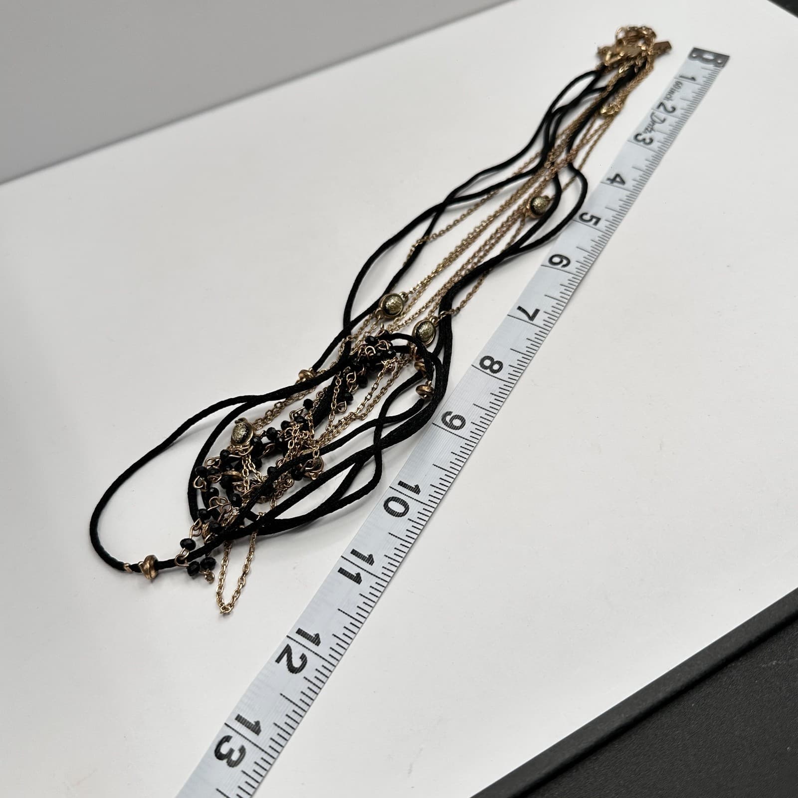 Vintage 90s Multi Strand Beads Black Cord Necklace Gold Tone Women's Jewelry - Thumbnail 10