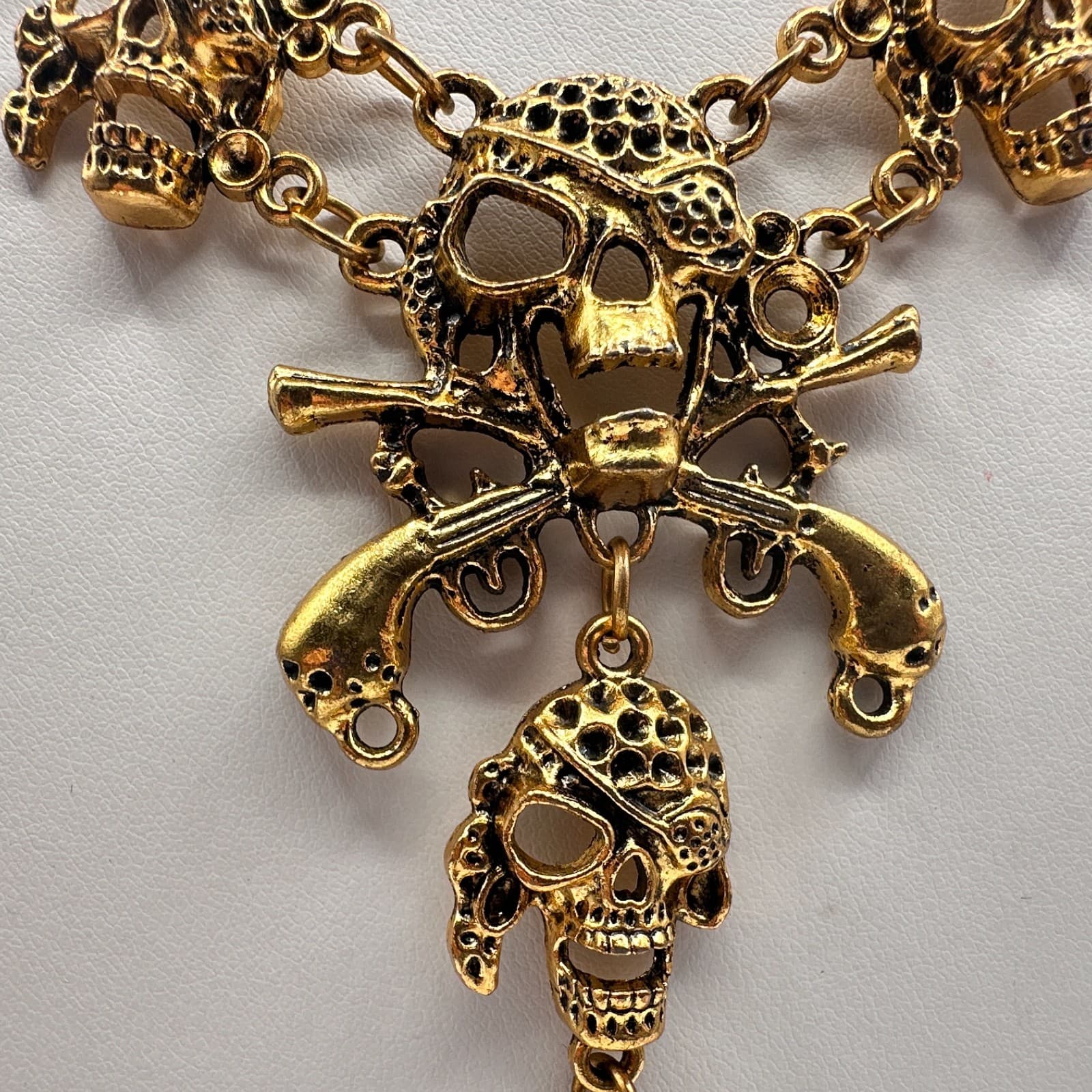 Vintage Y2K Pirate Skull Pistol Multi-Level Necklace Gold Tone Goth Punk Jewelry - Thumbnail 5