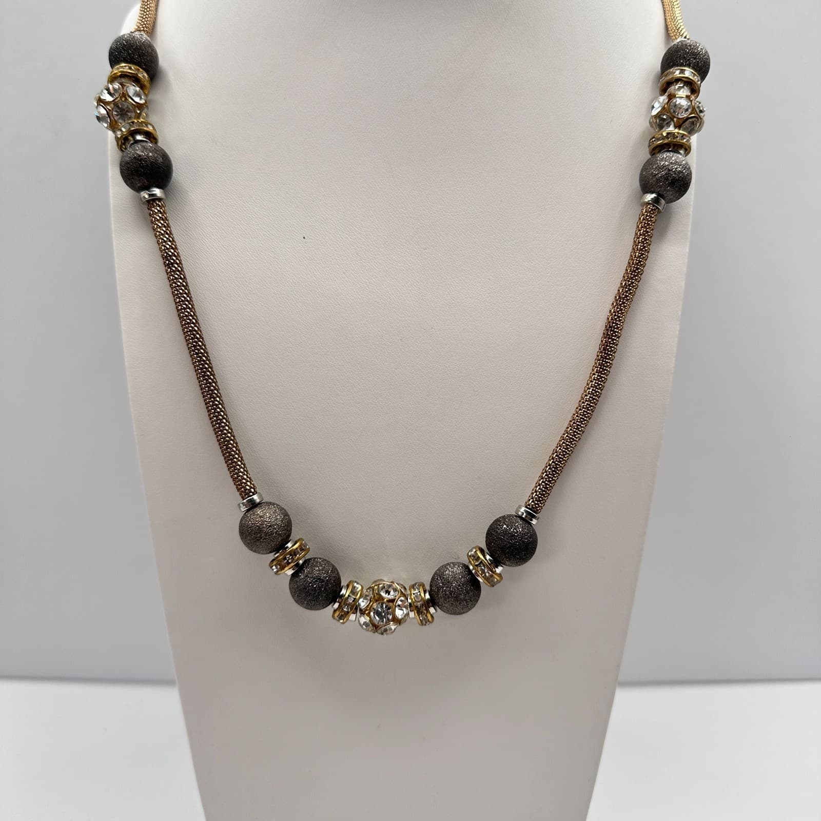 Vintage Y2K Gray Stardust Beads Rhinestone Mesh chain Gold tone Necklace Jewelry - Image 1