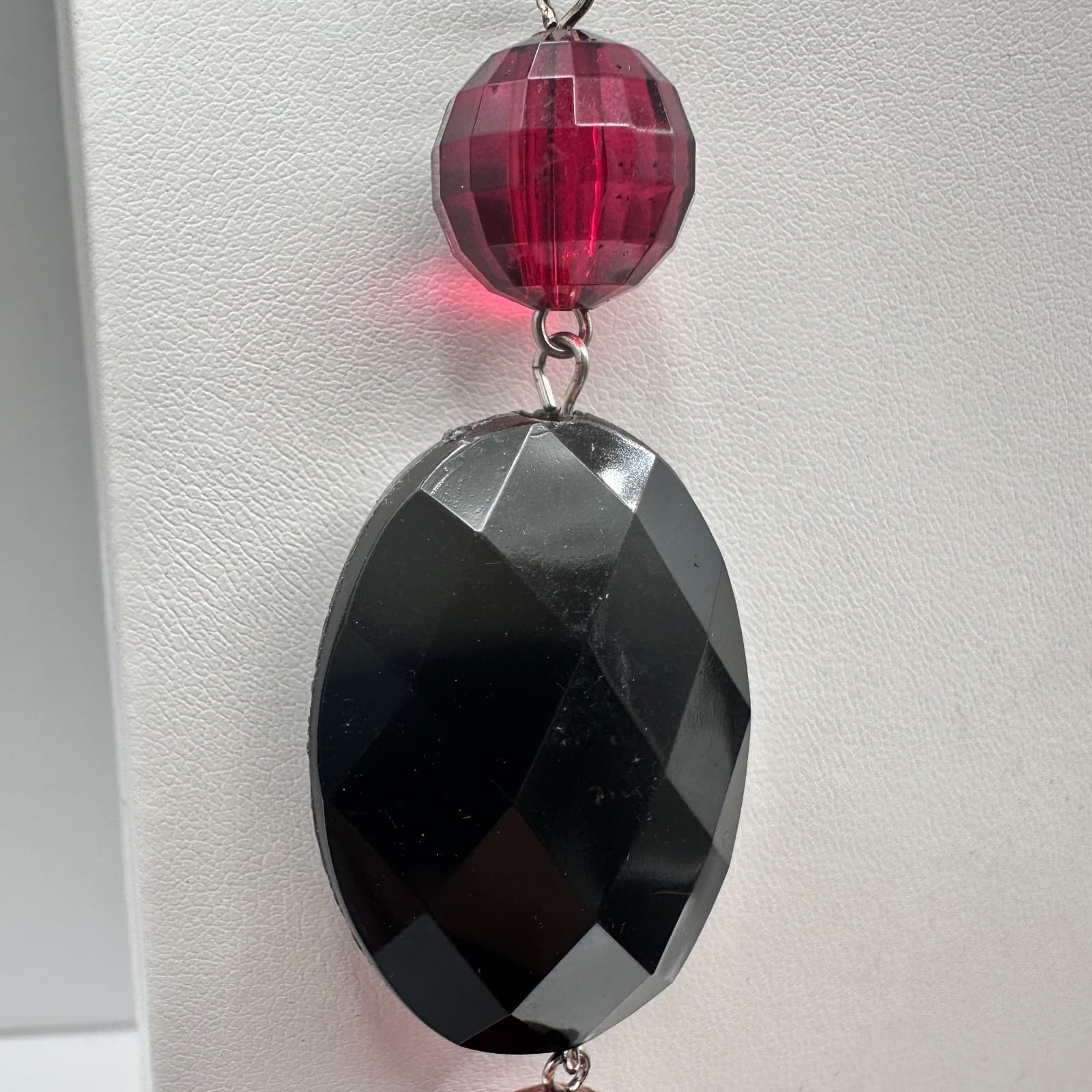 Vintage 90s Black & Red Beaded Necklace Silver Tone Statement Fashion Jewelry - Thumbnail 5