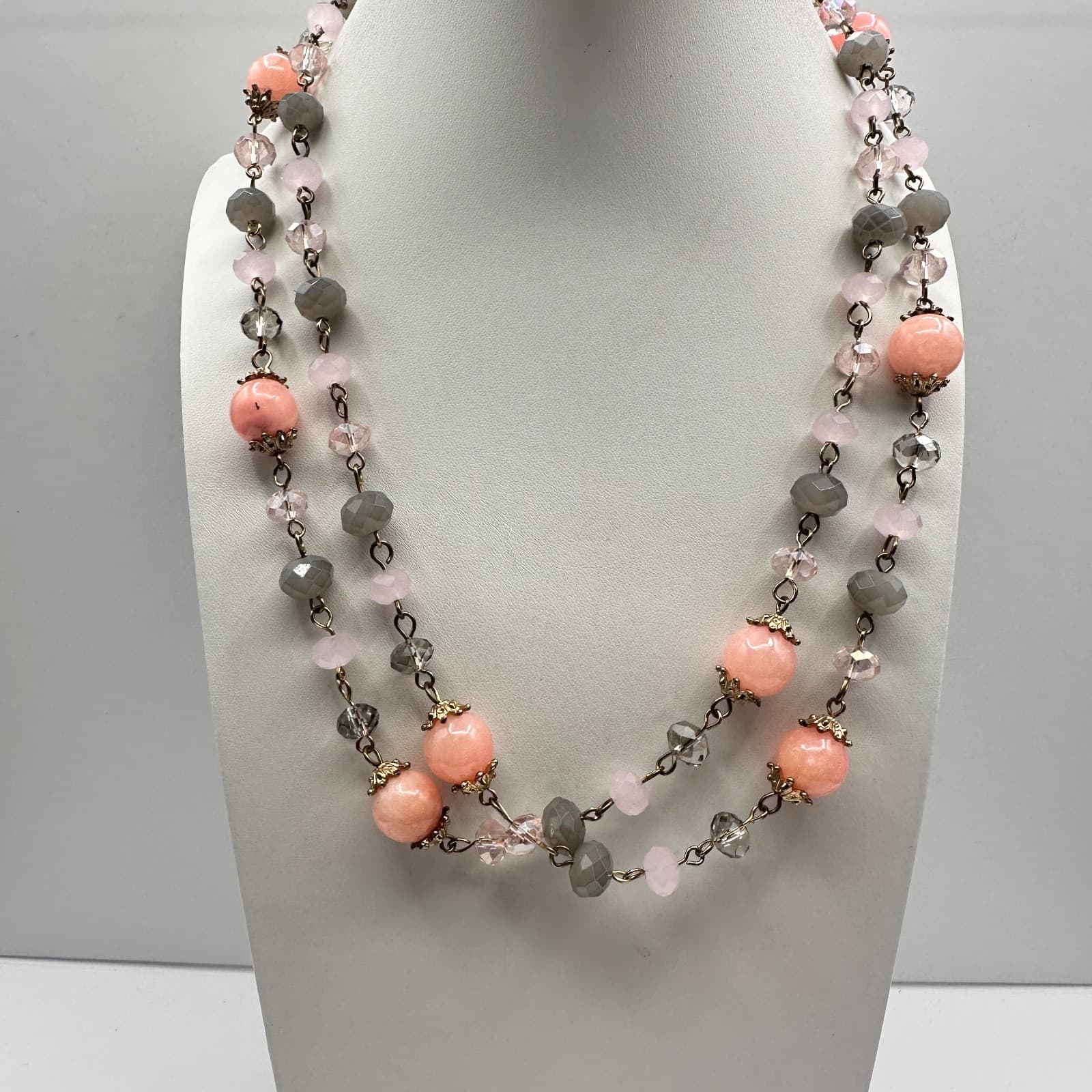 Vintage Multicolor Crystal Bead Double Strand Necklace Gold Tone 90s Jewelry - Thumbnail 2