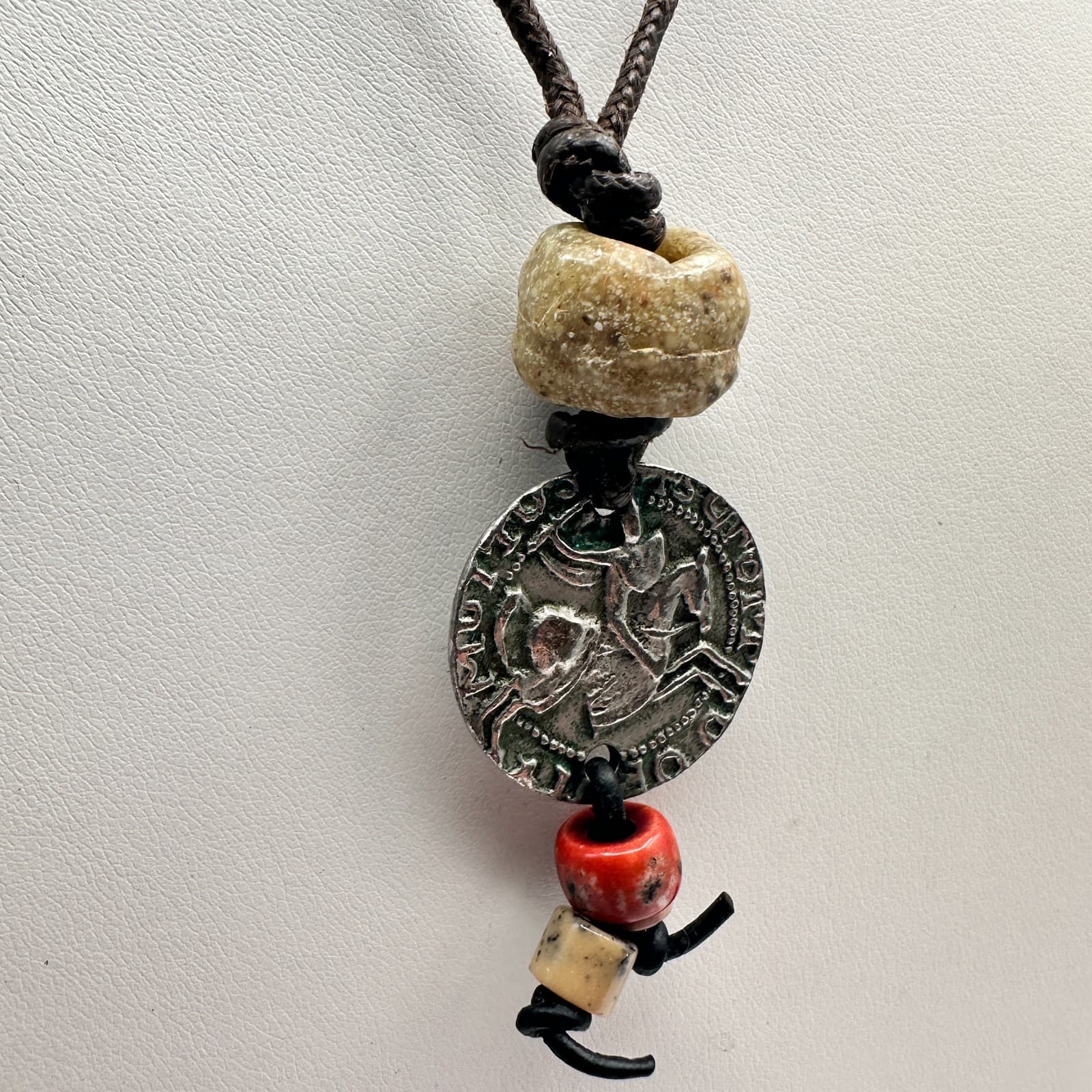 Vintage 90s Ceramic Bead Round Coin Necklace Silver Tone Women's Jewelry - Thumbnail 6