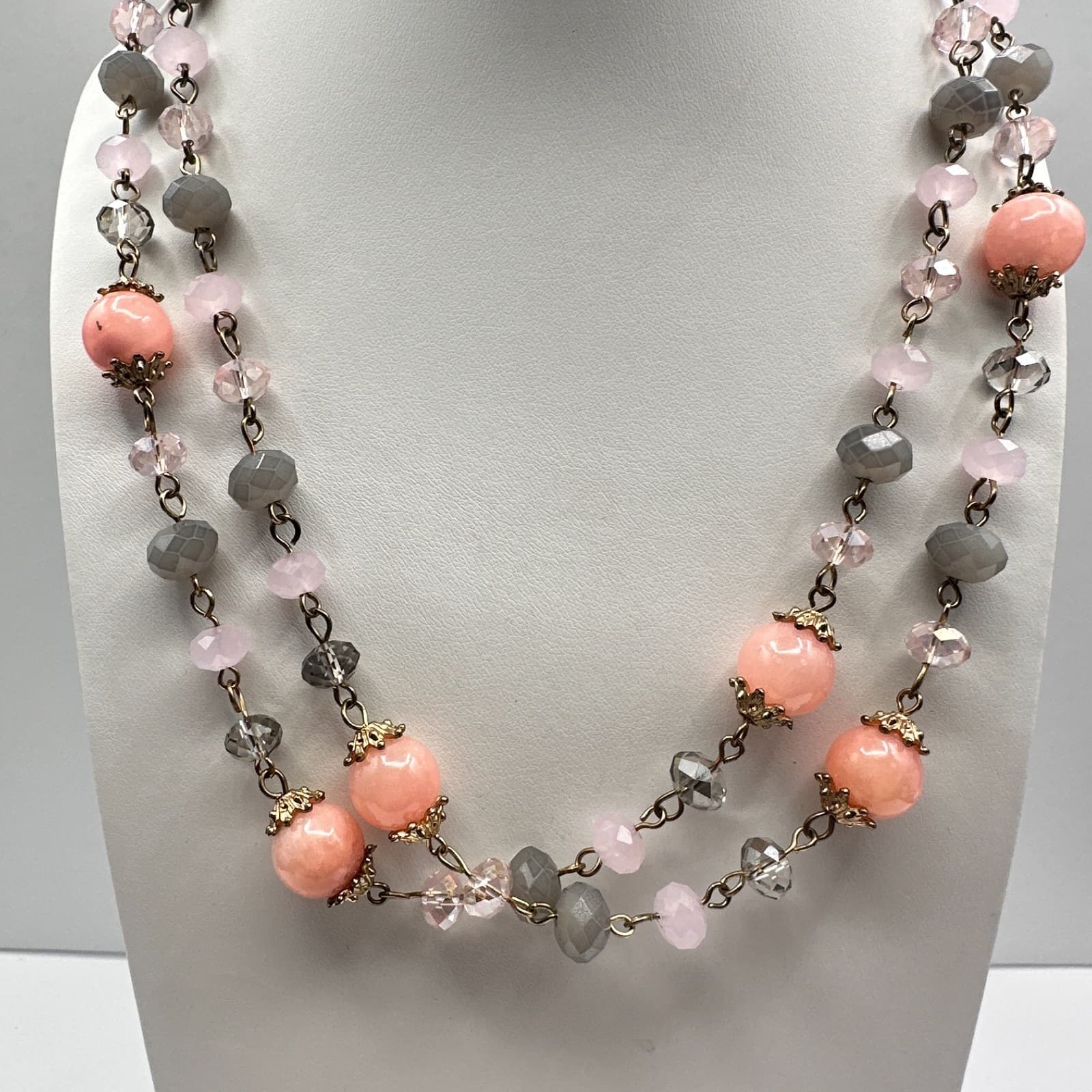 Vintage Multicolor Crystal Bead Double Strand Necklace Gold Tone 90s Jewelry - Thumbnail 8